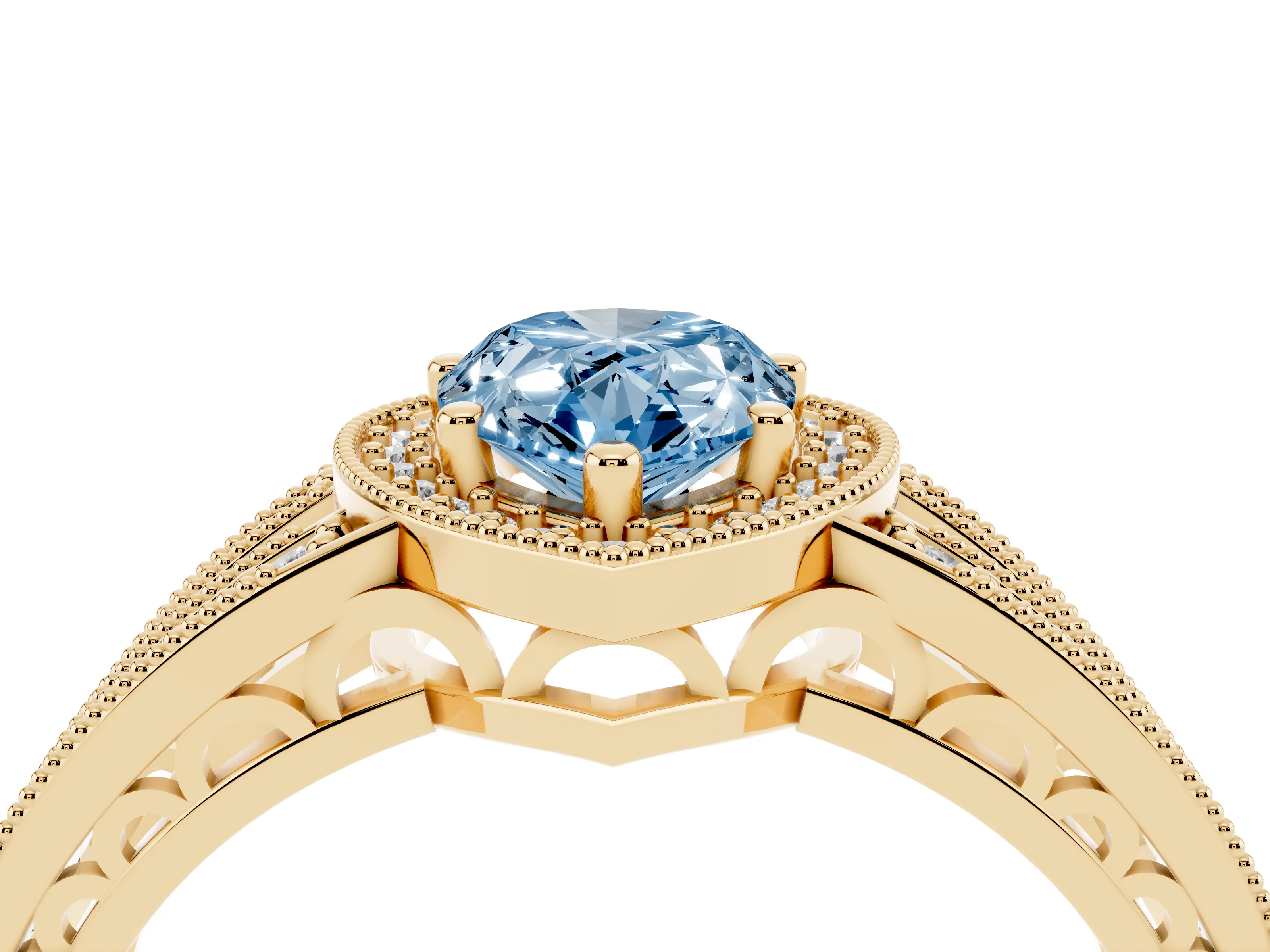 Fancy Blue Pear Cut Diamond Halo Ring Set in Yellow gold with Accent Split Shank and Prong Setting