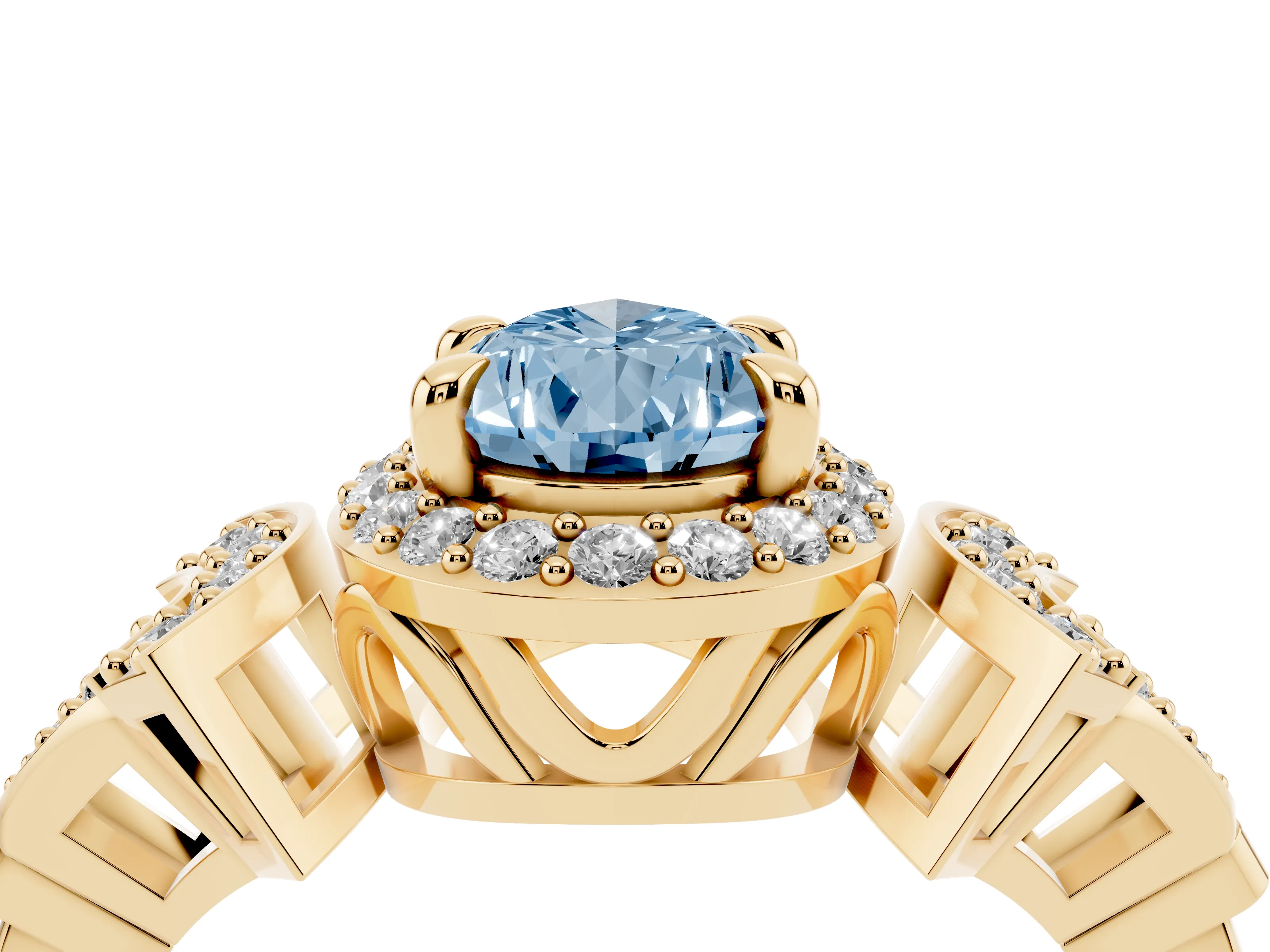 Fancy Blue Pear Cut Diamond Halo Engagement Ring Set in Yellow gold with Accent Stone Split Shank