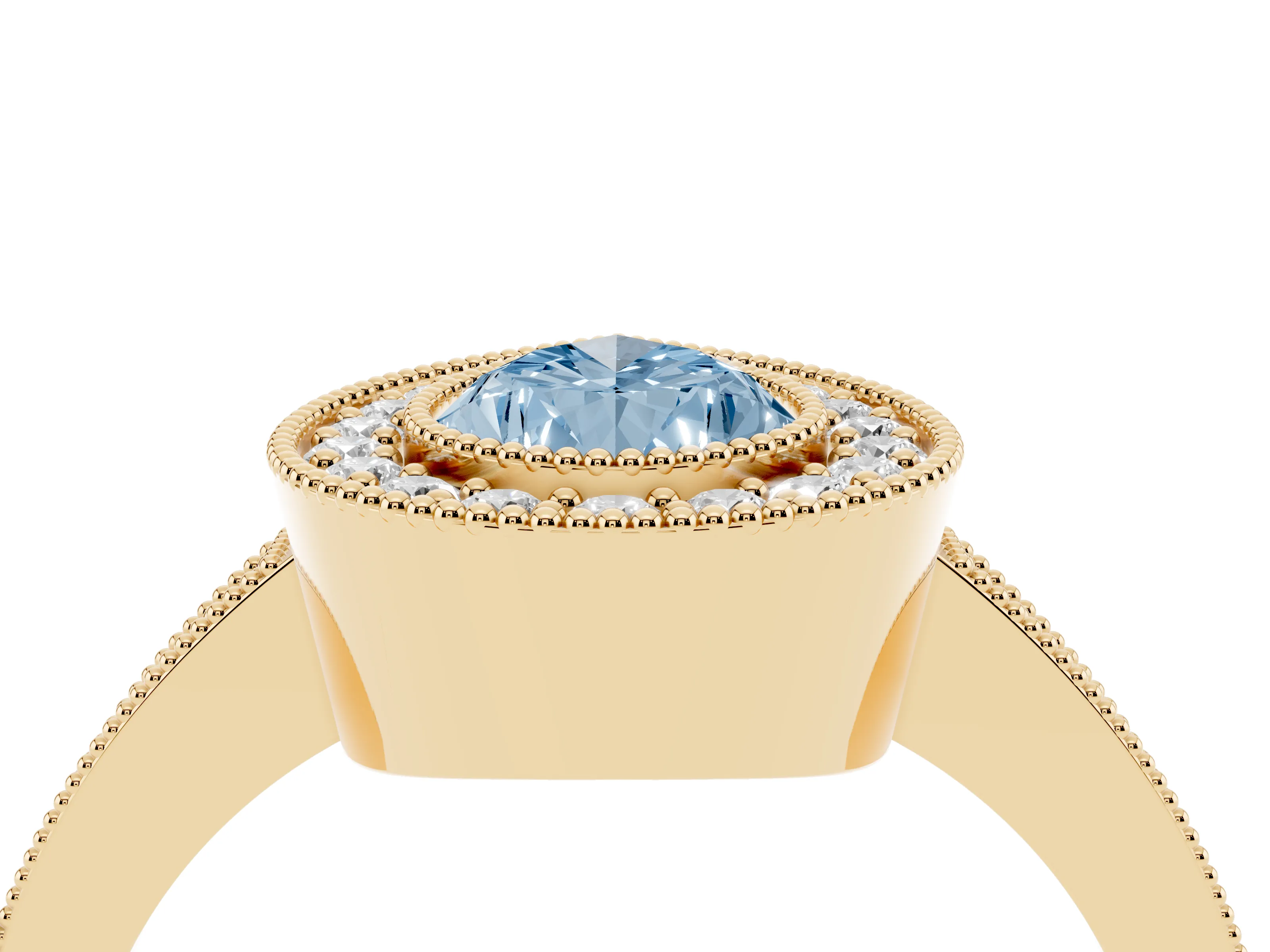 Fancy Blue Pear Cut Diamond Halo Engagement Ring Set in Yellow gold with Pavé Band and Round Halo Stones