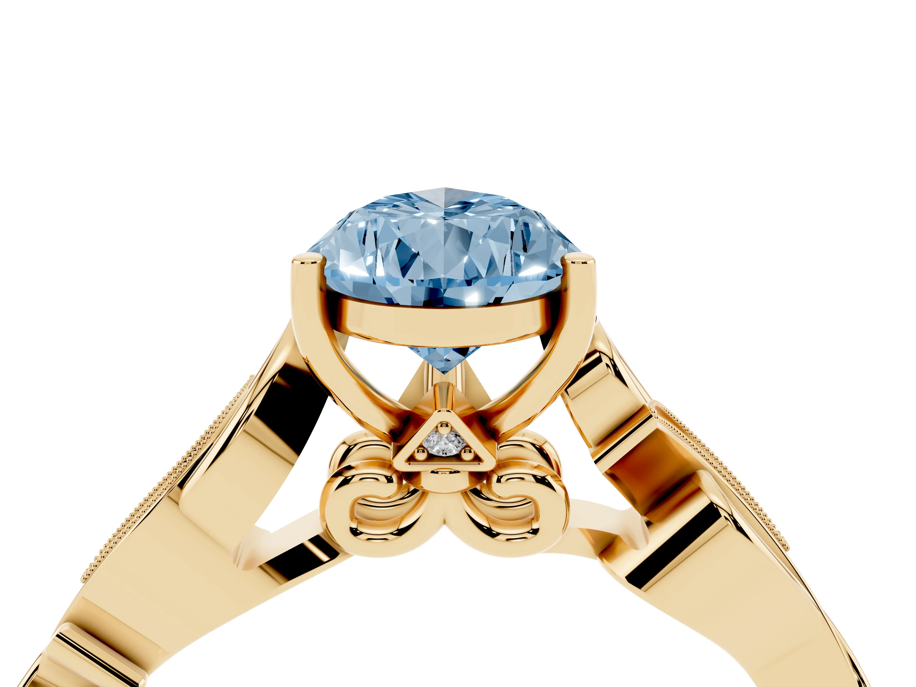 Fancy Blue Pear Cut Diamond Vine Band Solitaire Ring Set in Yellow gold with Milgrain Prong Setting