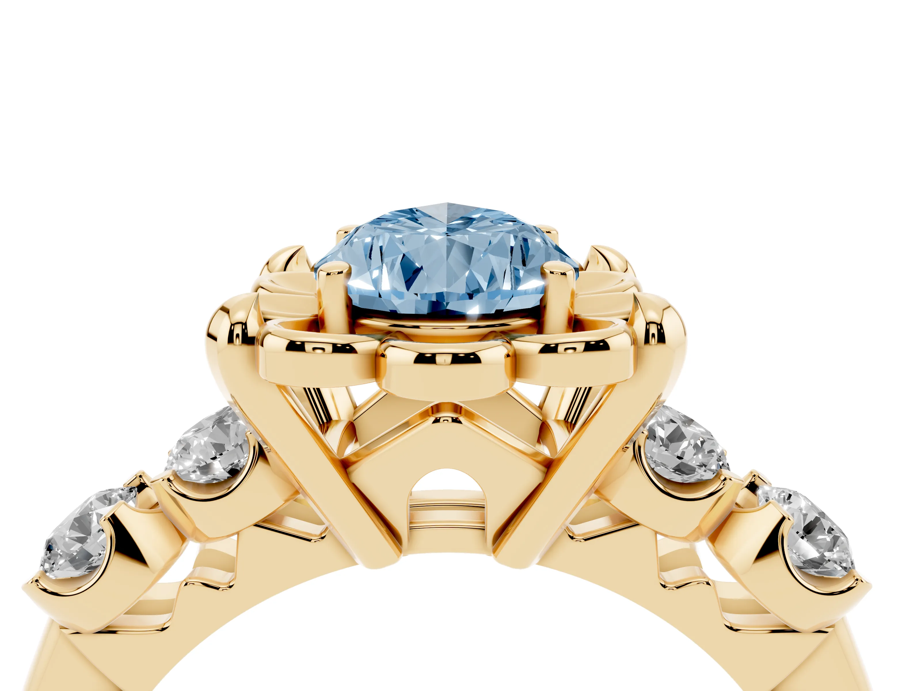 Fancy Blue Pear Cut Diamond Floral Halo Ring Set in Yellow gold with Shared Prong Band