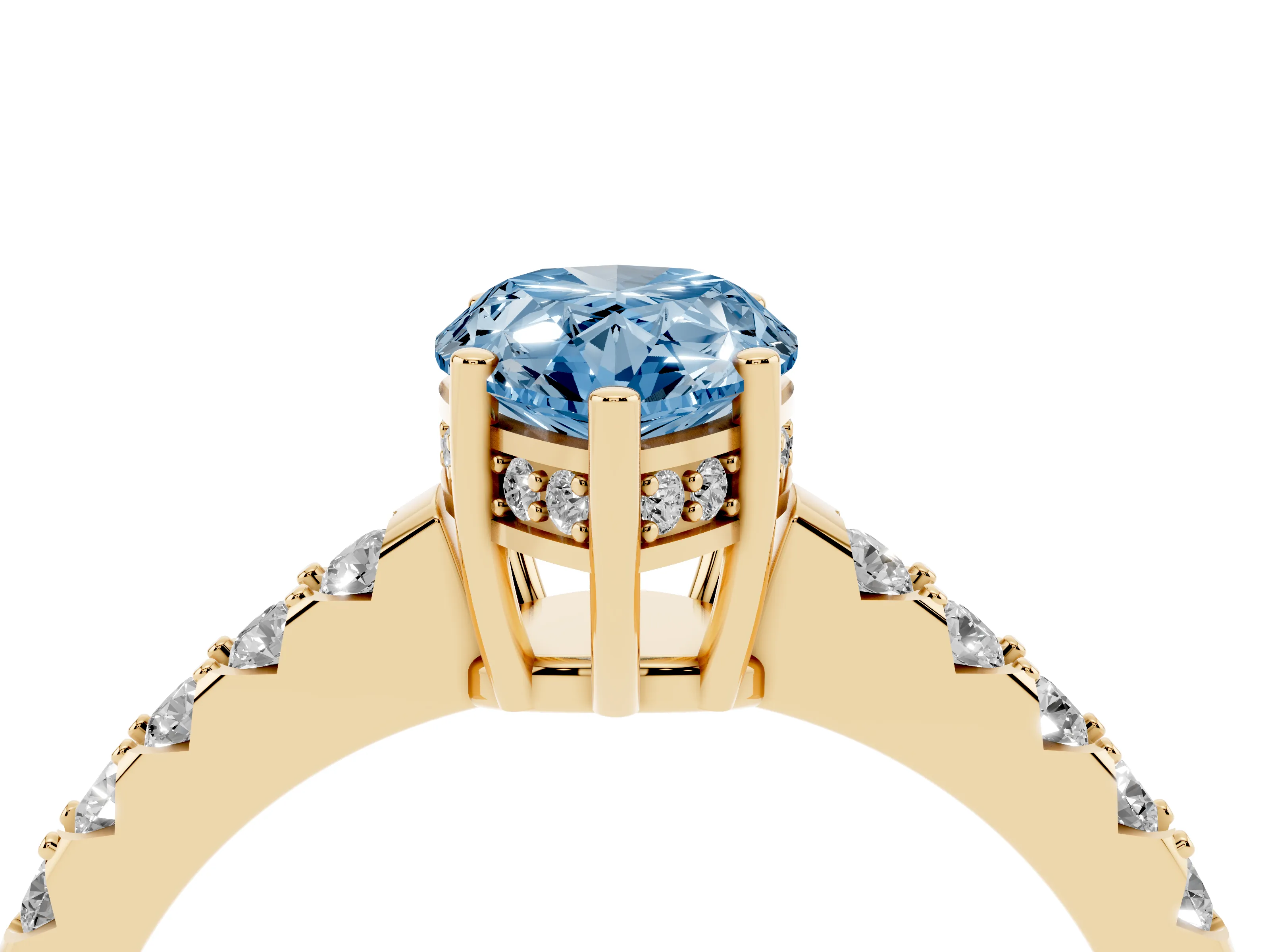 Fancy Blue Pear Cut Diamond Solitaire Engagement Ring Set in Yellow gold with Pavé Band and Prong Setting