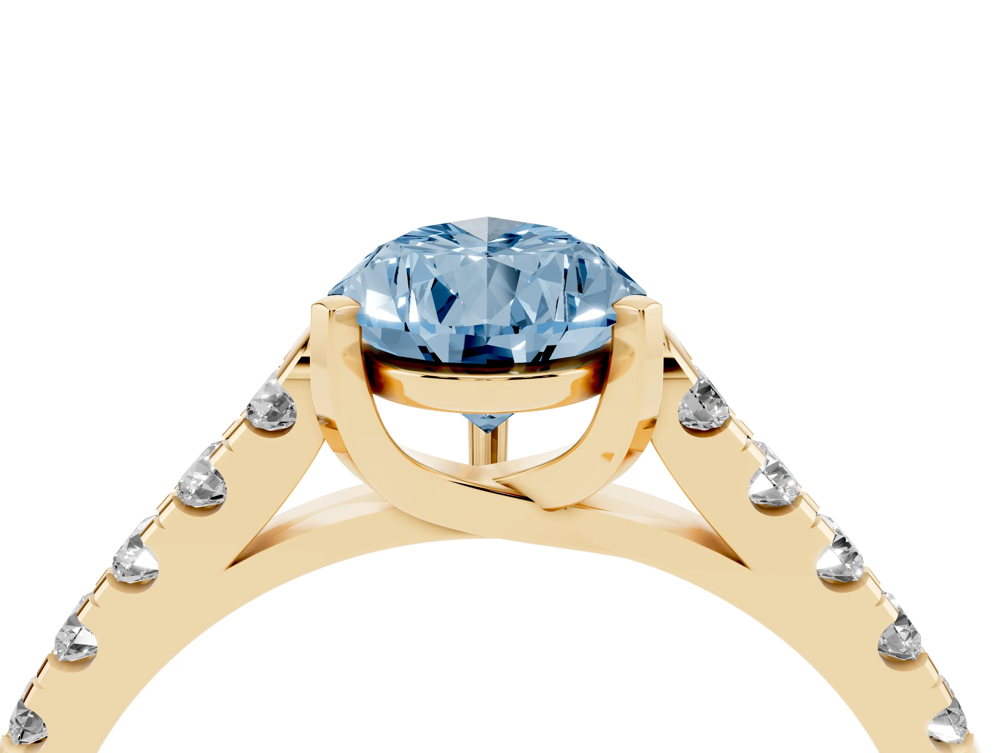 Fancy Blue Pear Cut Diamond Pavé Band Solitaire Ring Set in Yellow gold with Partway Accent Stones and Prong Setting