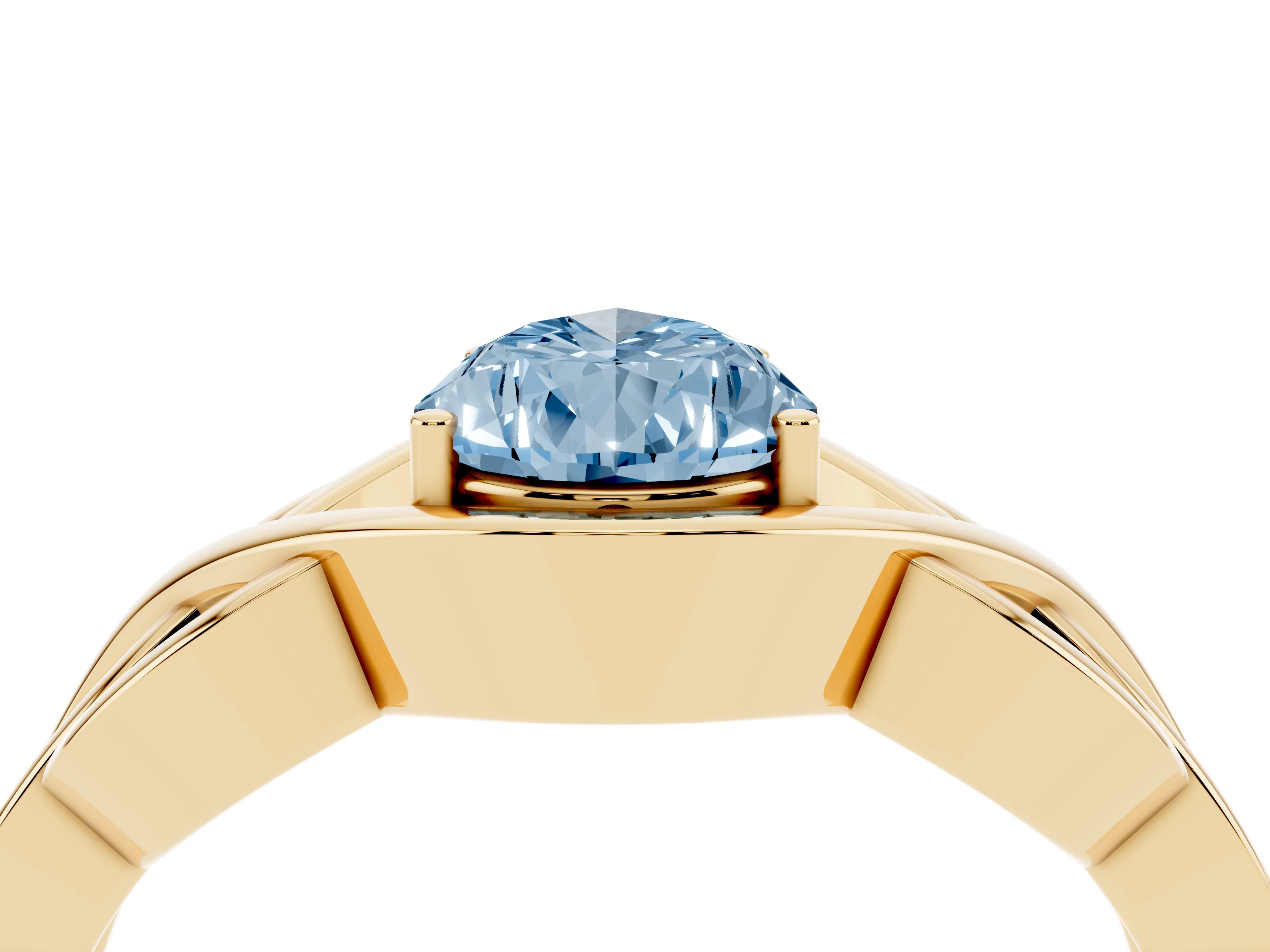 Fancy Blue Pear Cut Diamond Solitaire Ring Set in Yellow gold with Intertwined Band