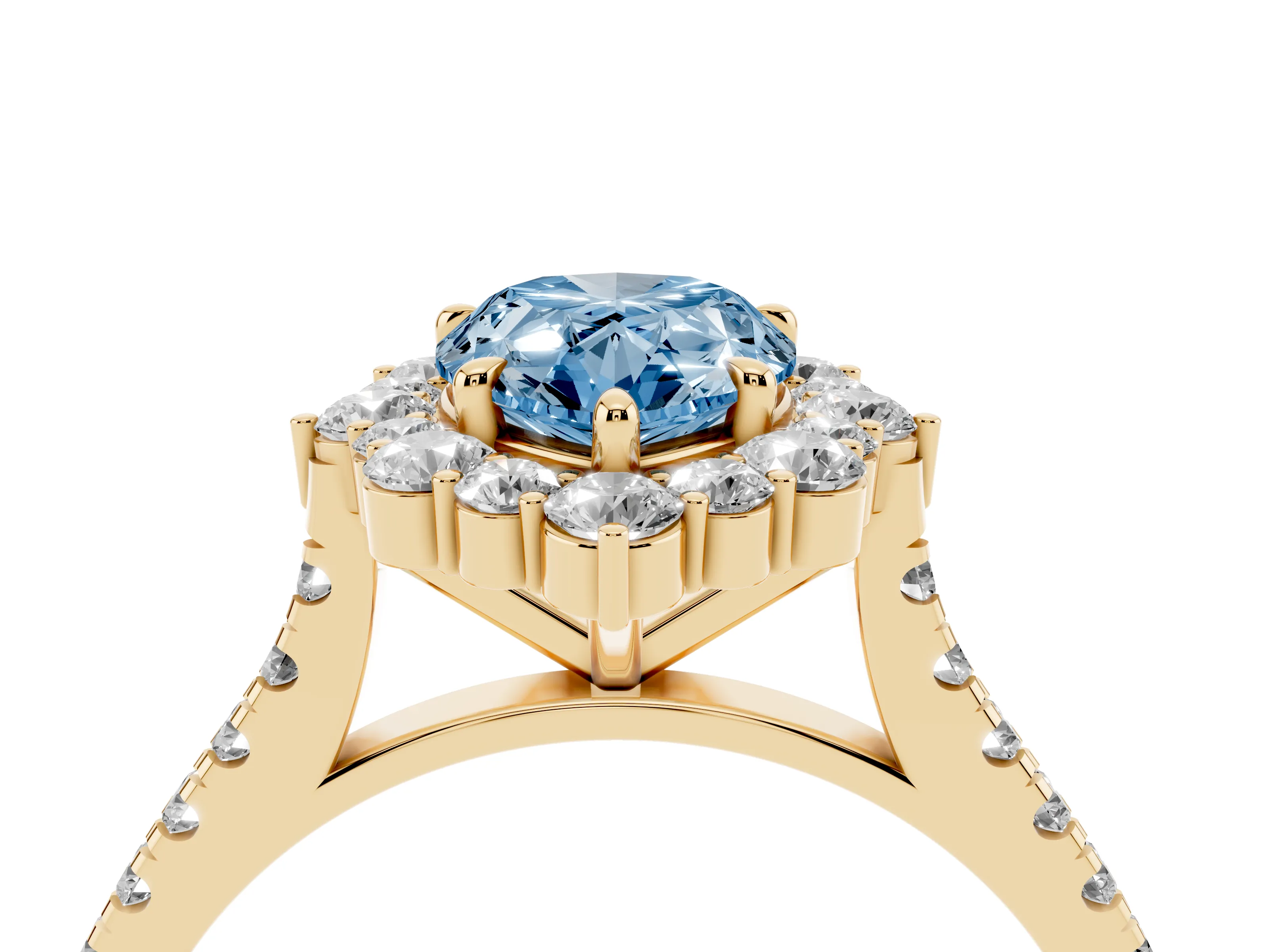 Fancy Blue Pear Cut Diamond Halo Ring Set in Yellow gold with Pavé Band and Prong Setting
