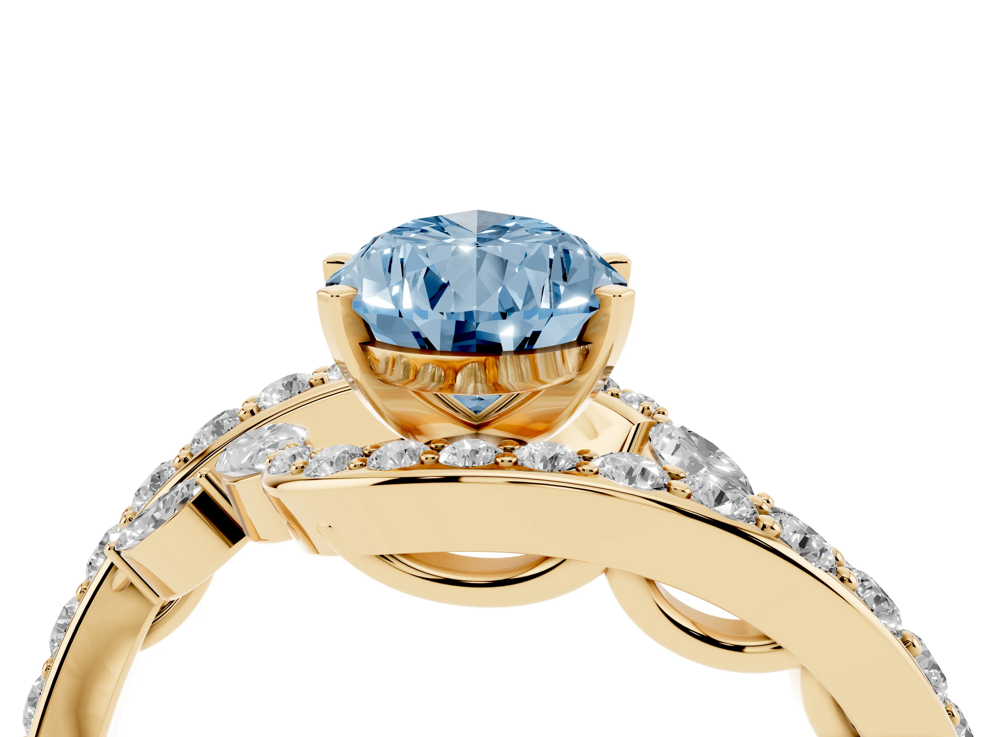 Fancy Blue Pear Cut Diamond Solitaire Ring Set in Yellow gold with Pavé Twist Band and Secure Prong Setting