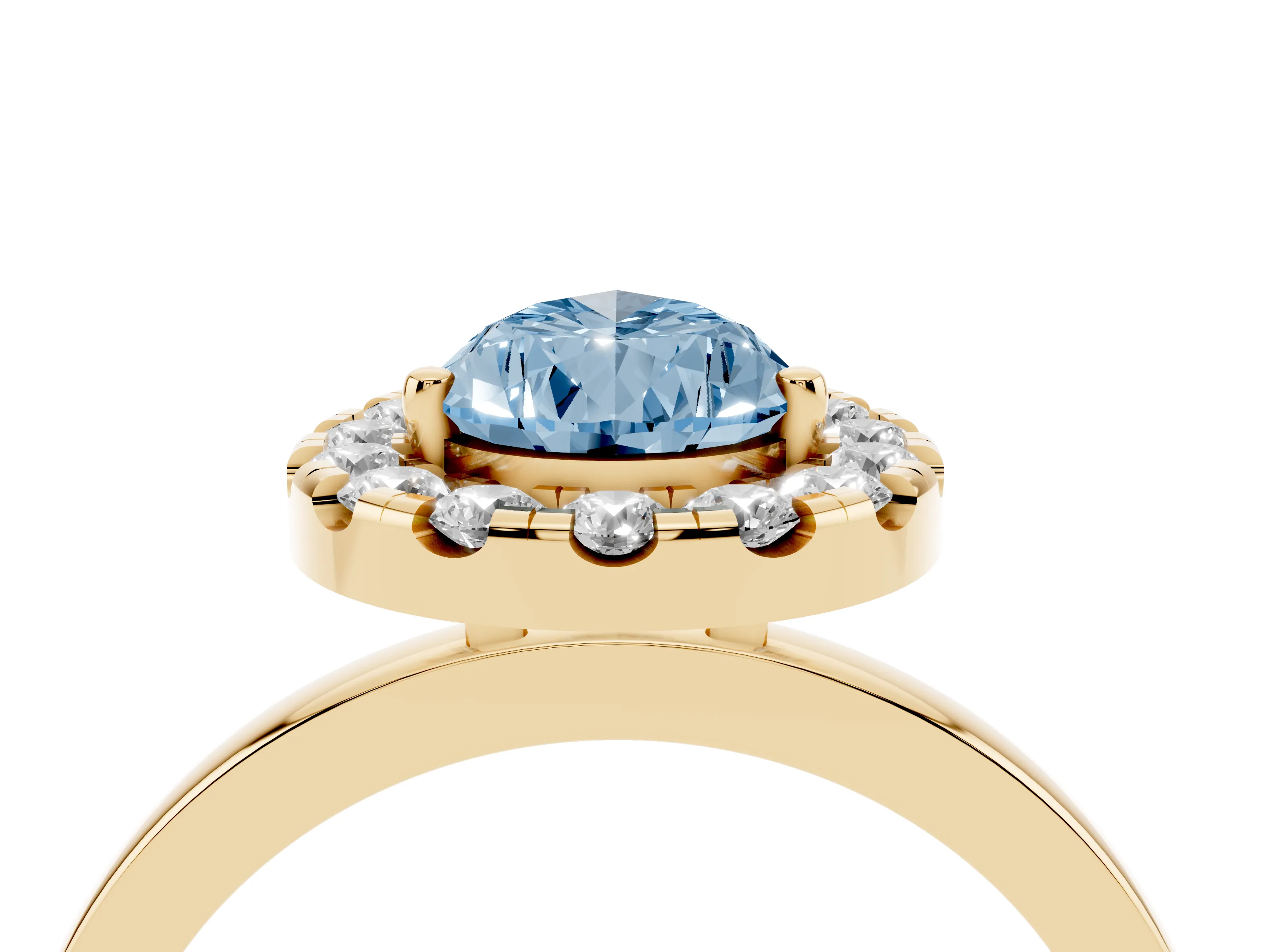 Fancy Blue Pear Cut Diamond Halo Solitaire Ring Set in Yellow gold with Pavé Band and Prong Setting