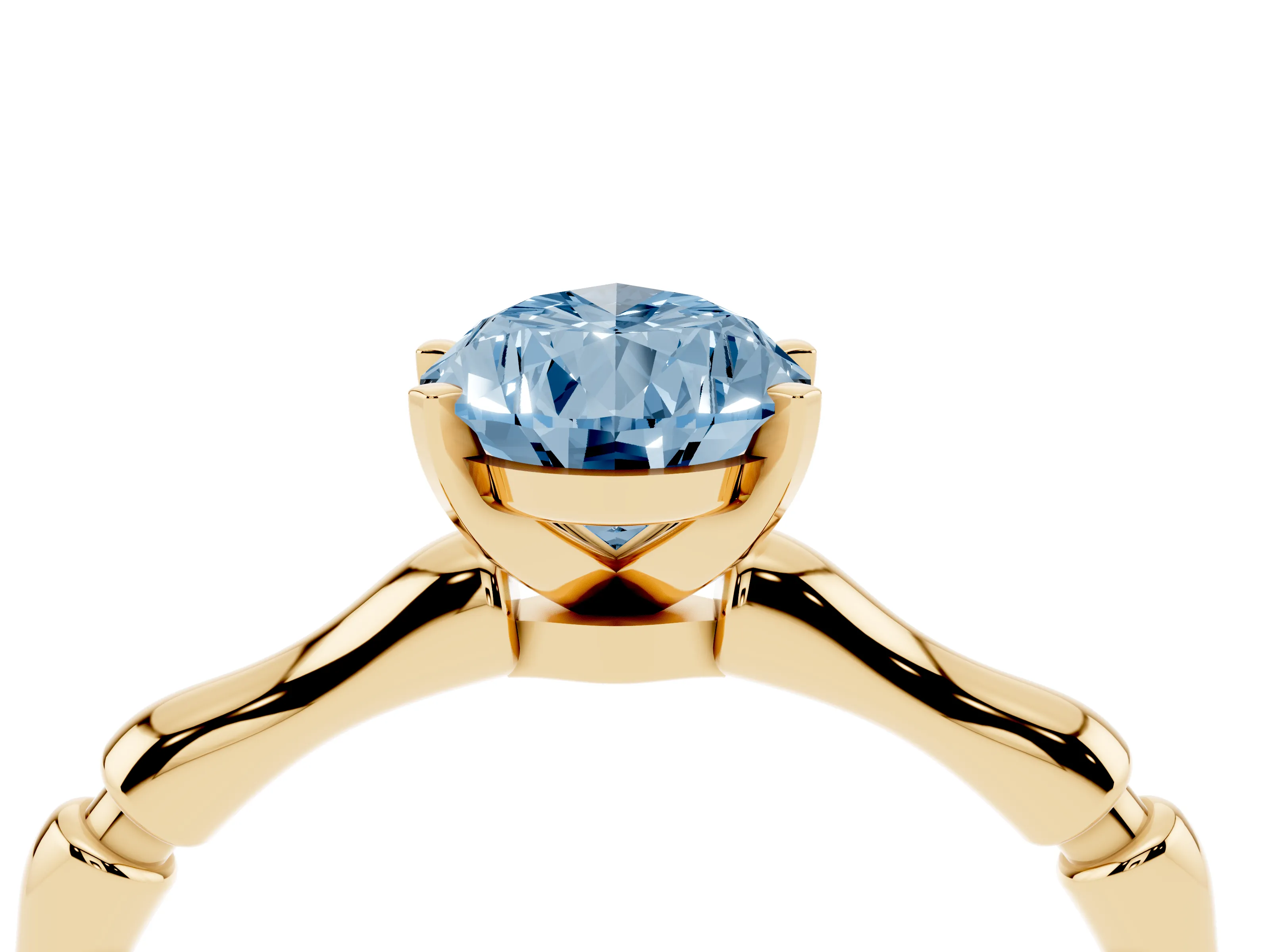 Fancy Blue Pear Cut Diamond Solitaire Ring Set in Yellow gold with Bamboo Band and Prong Setting