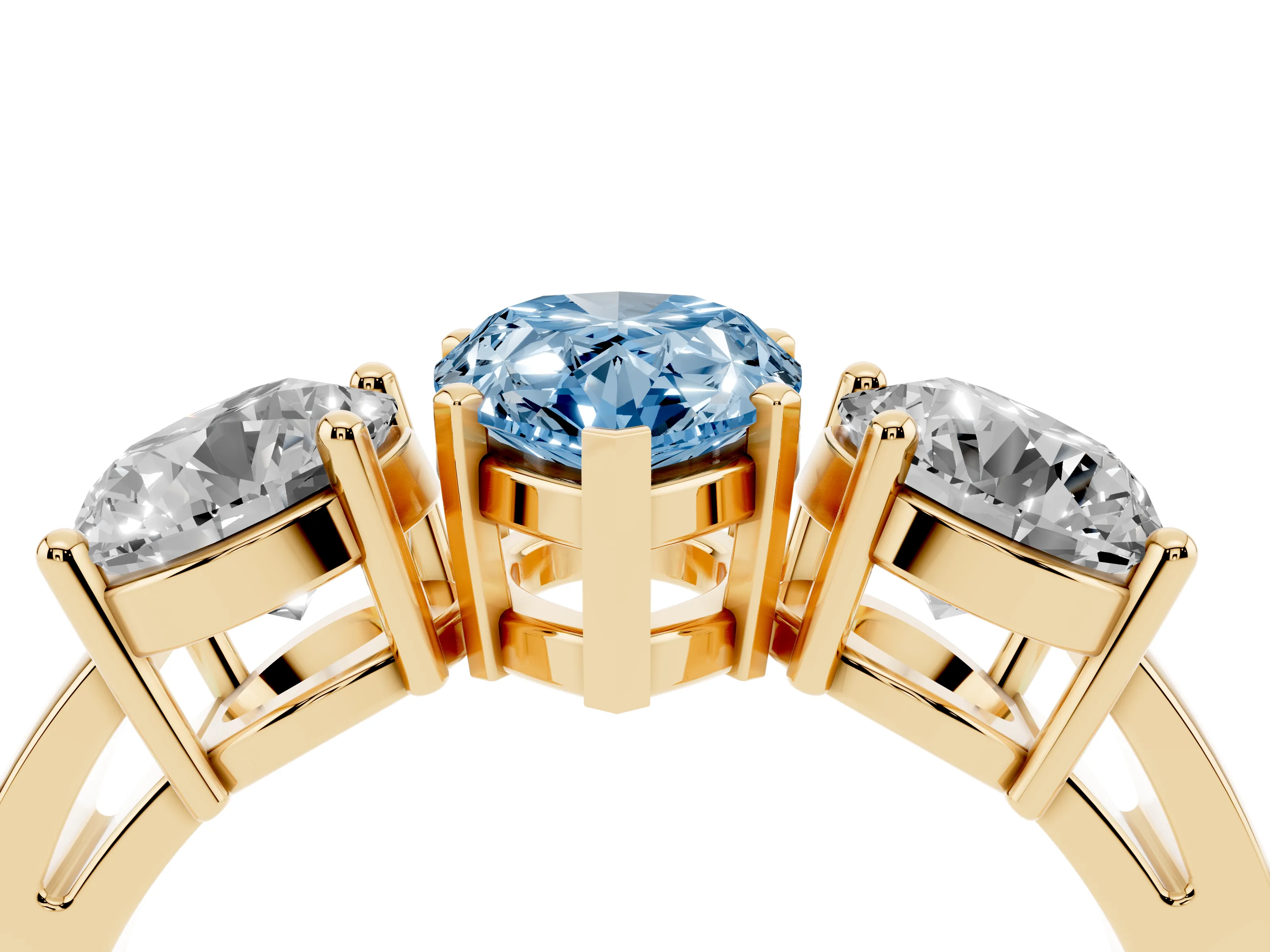 Fancy Blue Pear Cut Diamond Three-Stone Ring Set in Yellow gold with Round Side Stones and Classic Band