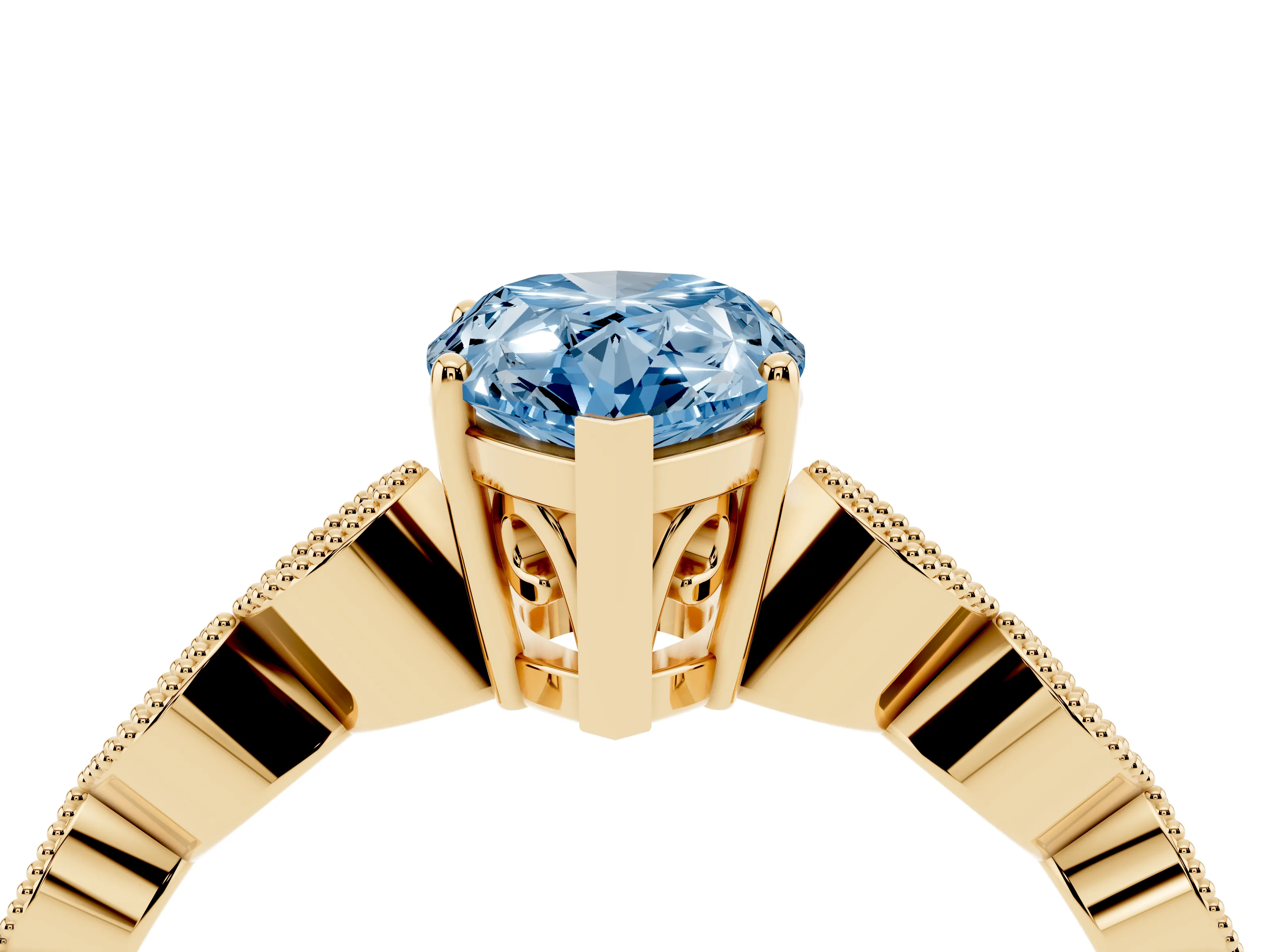 Fancy Blue Pear Cut Diamond Solitaire Ring Set in Yellow gold with Infinity Twist Pavé Band