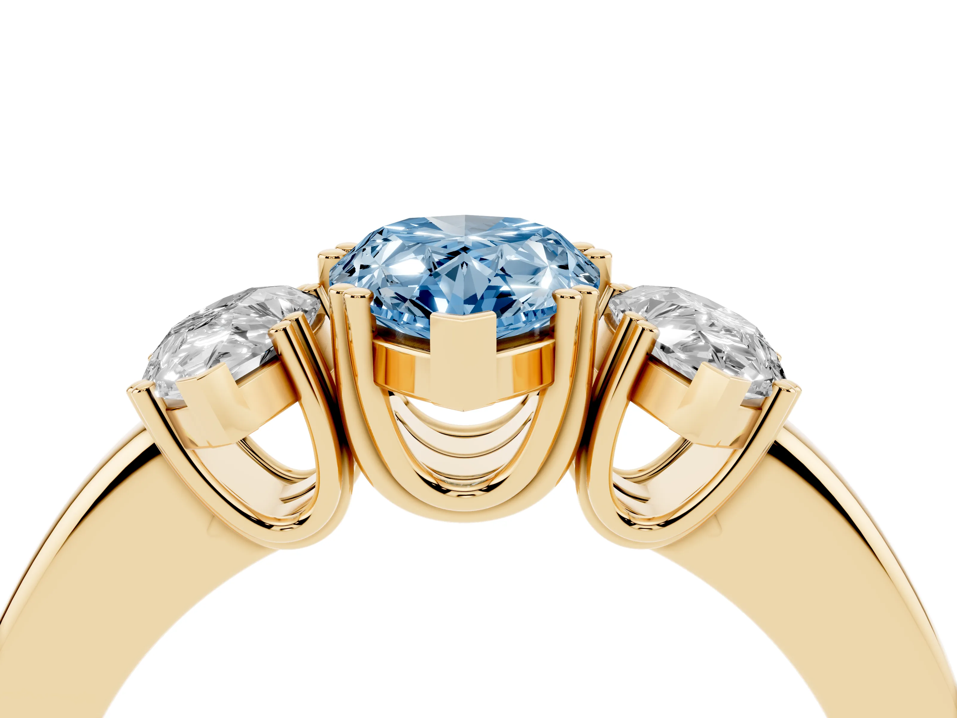 Fancy Blue Pear Cut Diamond Three-Stone Ring Set in Yellow gold with Polished Channel-Set Band