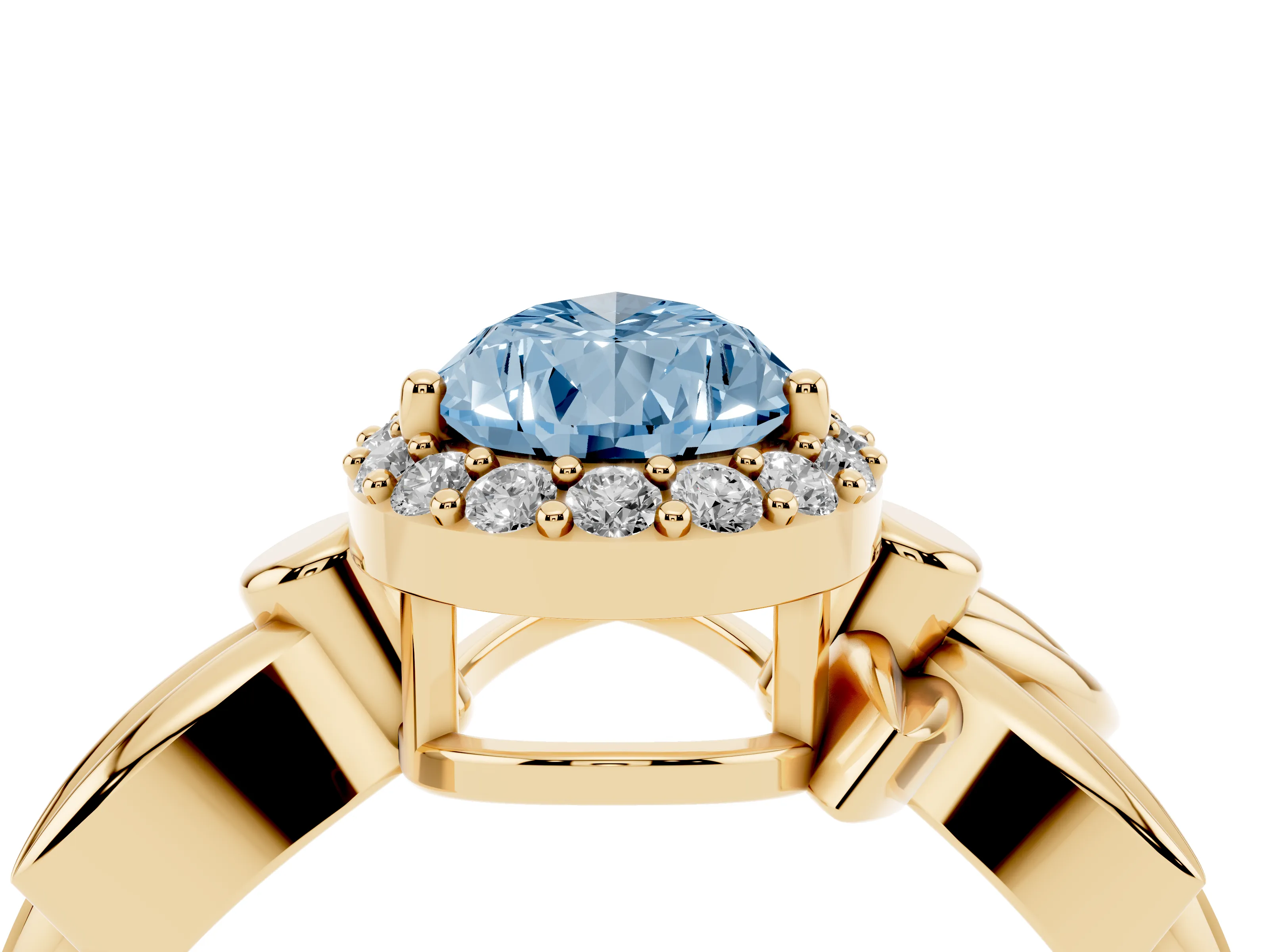 Fancy Blue Pear Cut Diamond Halo Floral Band Ring Set in Yellow gold with Prong Setting