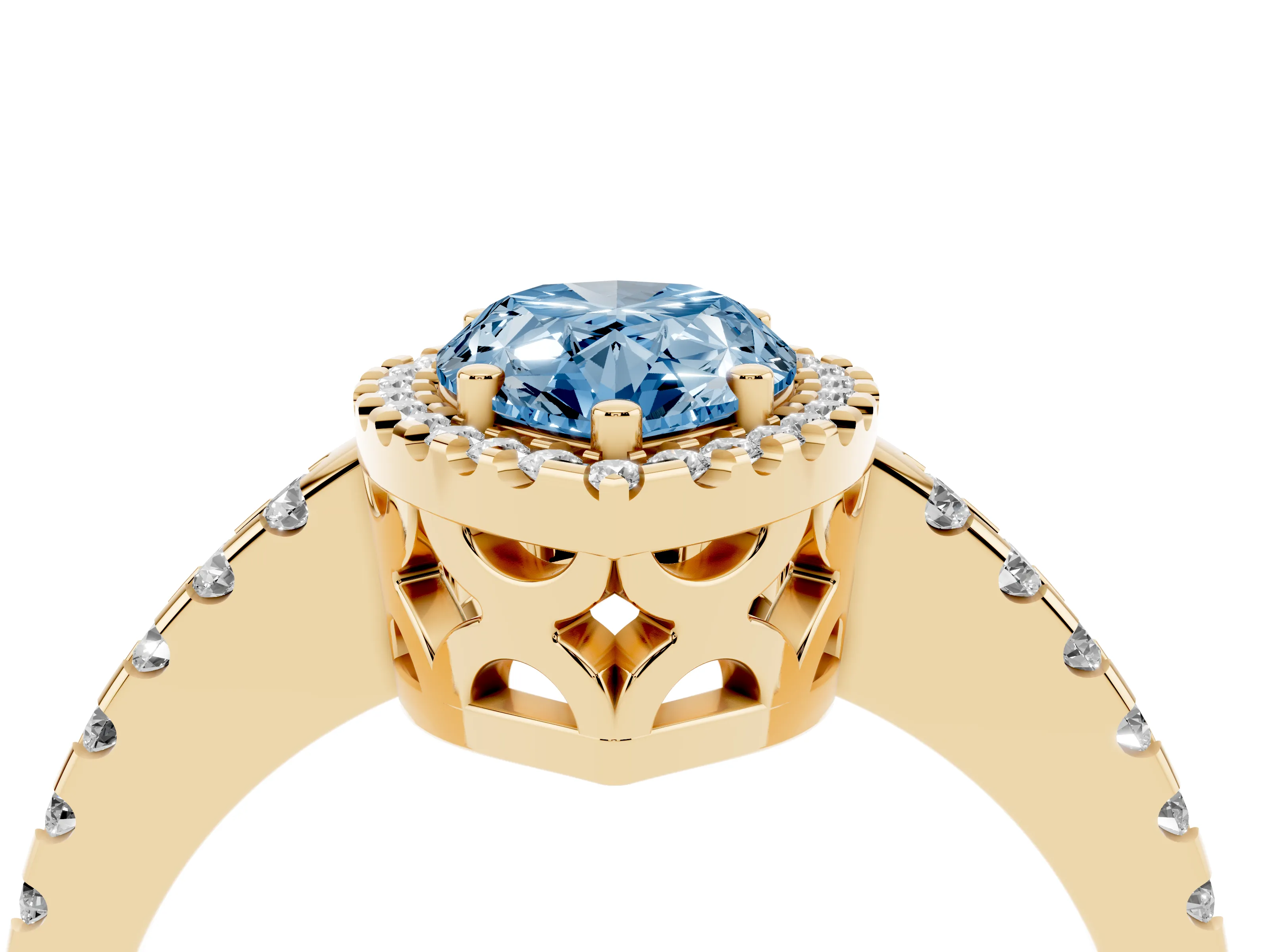 Fancy Blue Pear Cut Diamond Halo Ring Set in Yellow gold with Pavé Shoulders and Halo-Framed Center