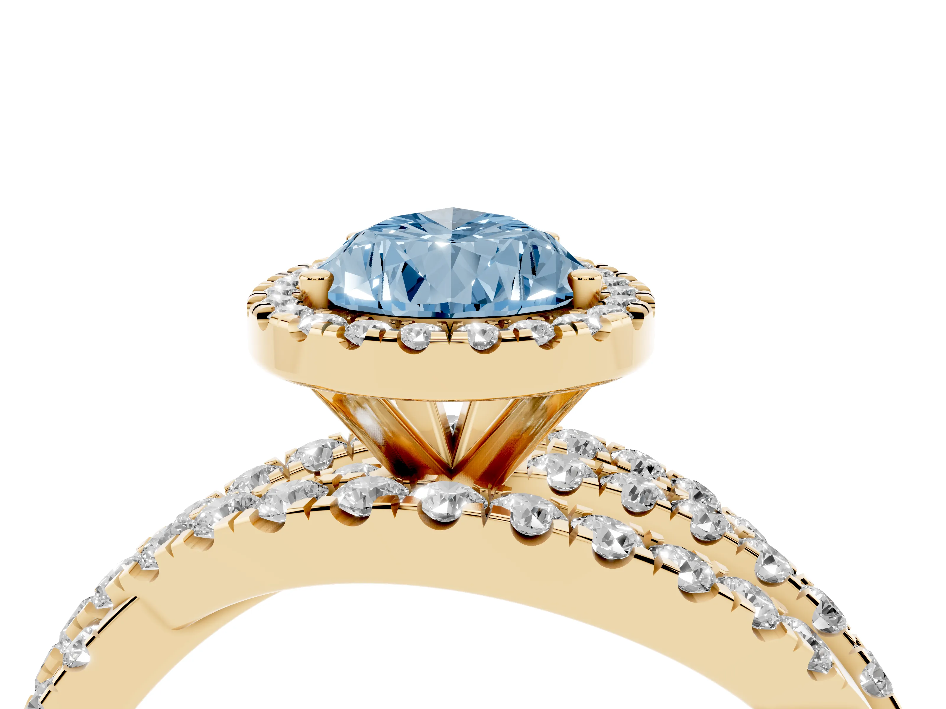 Fancy Blue Pear Cut Diamond Halo Ring Set in Yellow gold with Round Crossover Split Shank and Prong Setting