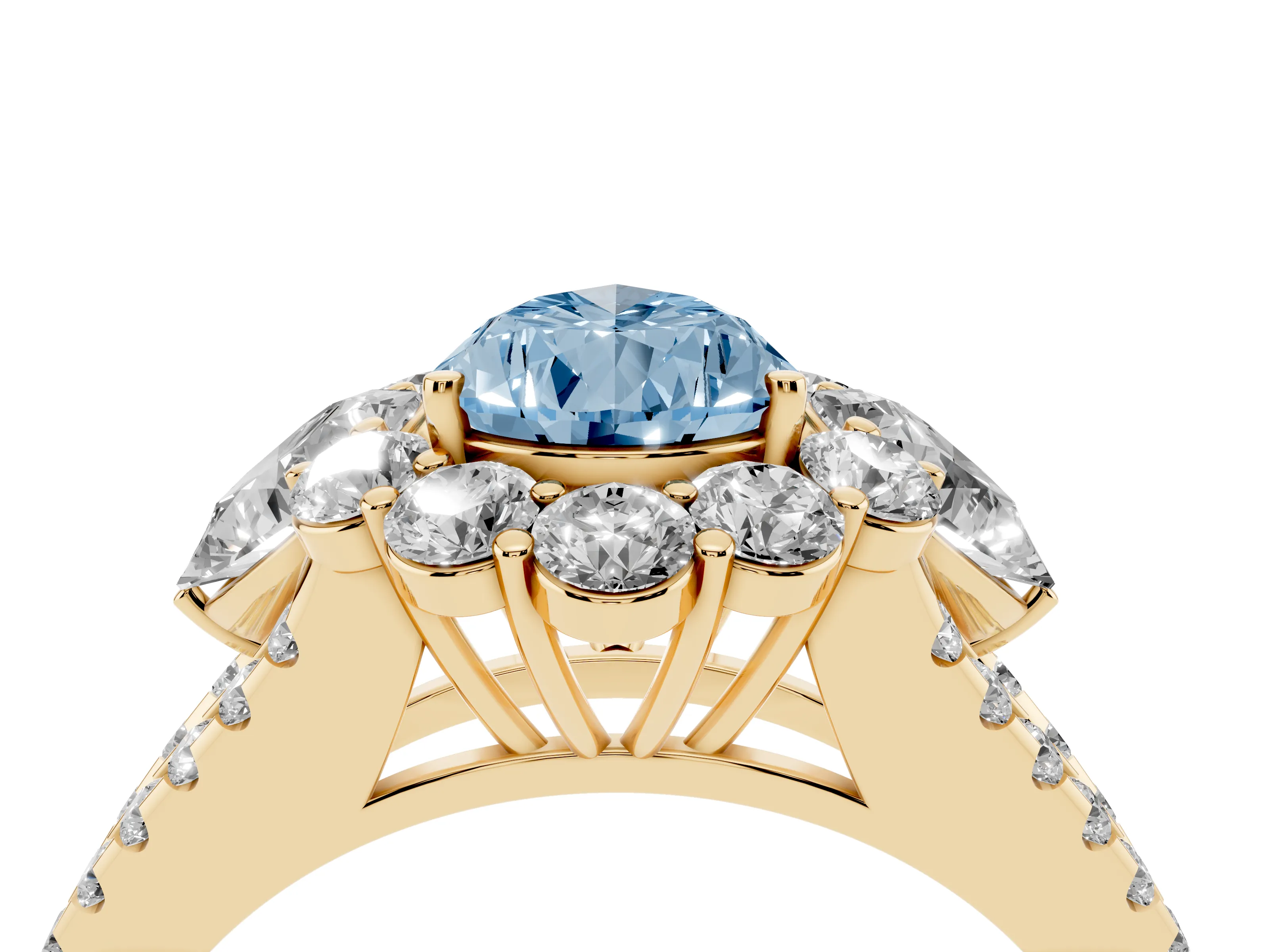 Fancy Blue Pear Cut Diamond Halo Split Shank Engagement Ring Set in Yellow gold with Prong-Held Center Stone