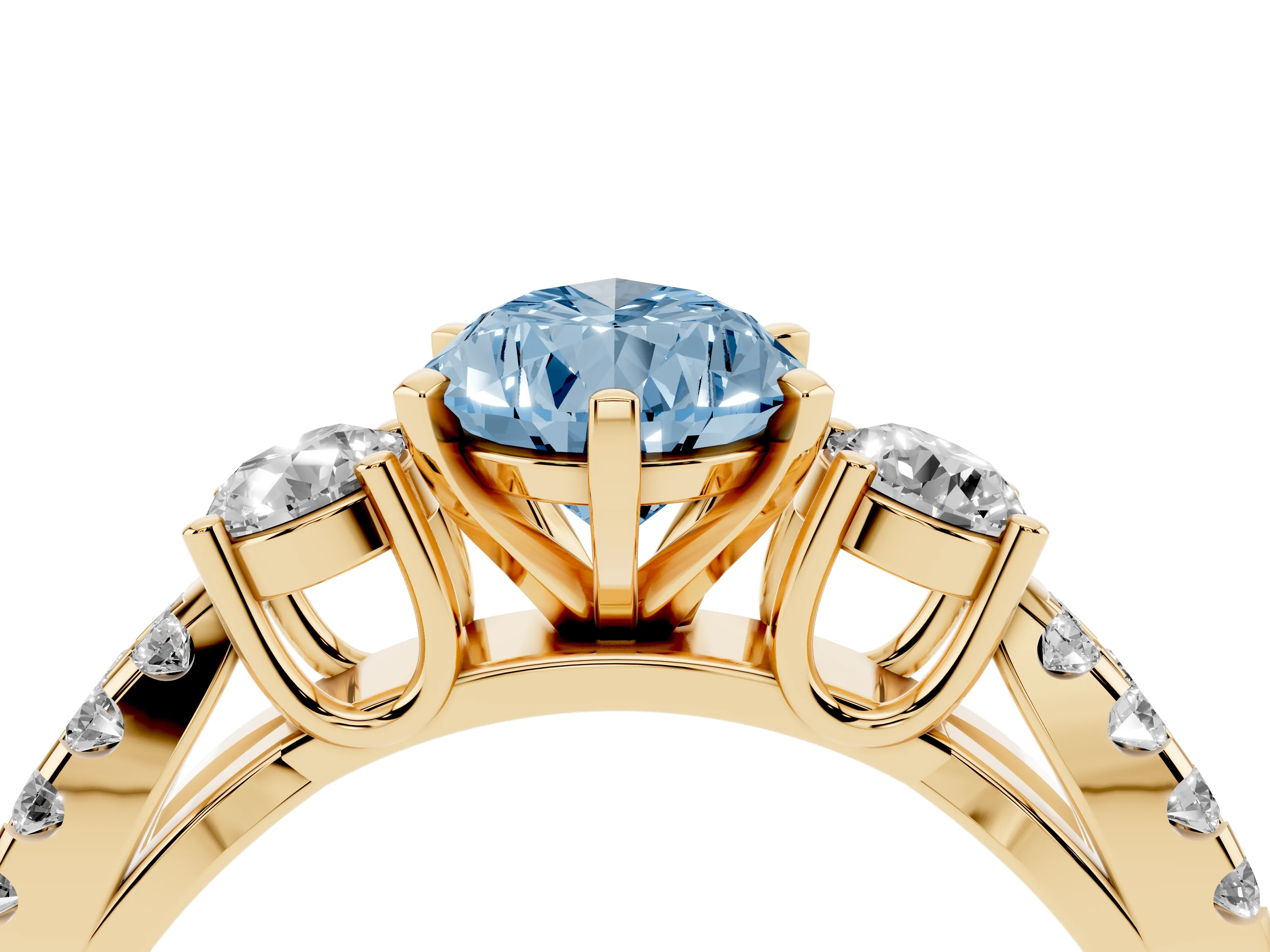 Fancy Blue Pear Cut Diamond Three-Stone Ring Set in Yellow gold with Pavé Split Shank and Prong Setting