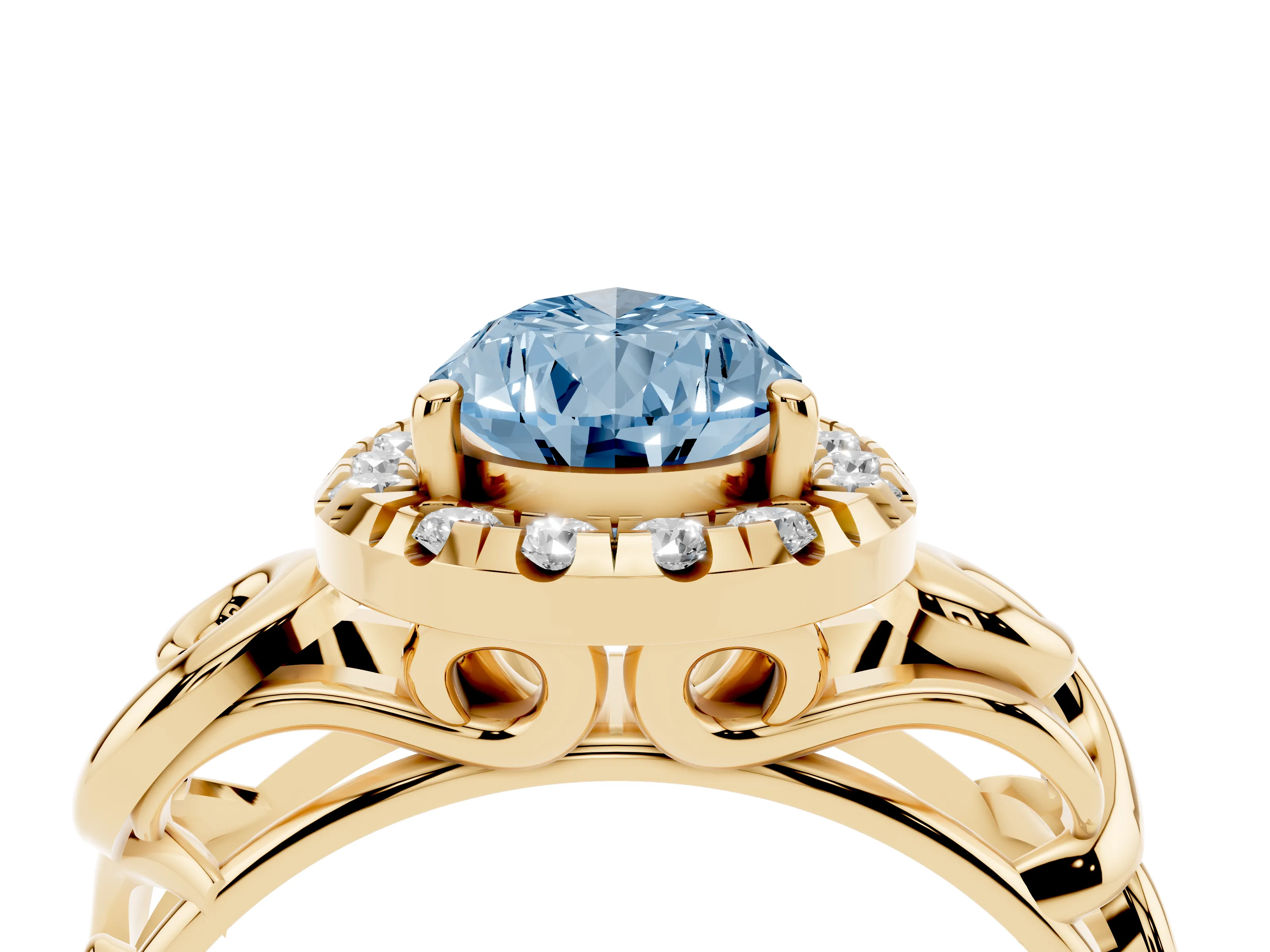 Fancy Blue Pear Cut Diamond Halo Ring Set in Yellow gold with Scrollwork Band and Prong Setting