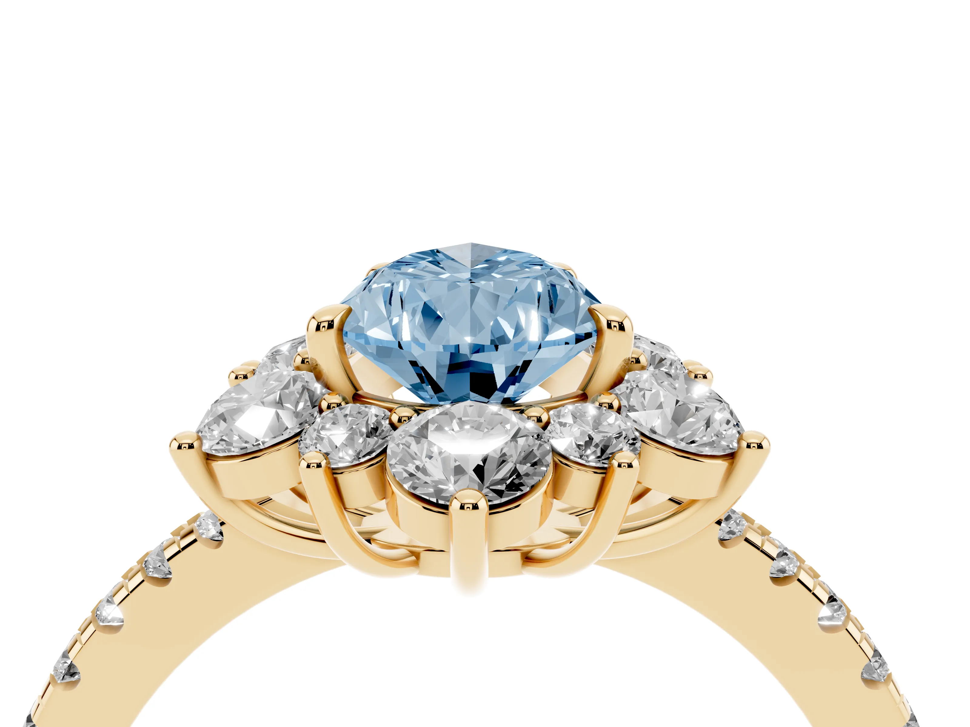 Fancy Blue Pear Cut Diamond Floral Halo Ring Set in Yellow gold with Round Pavé Band and Prong Setting