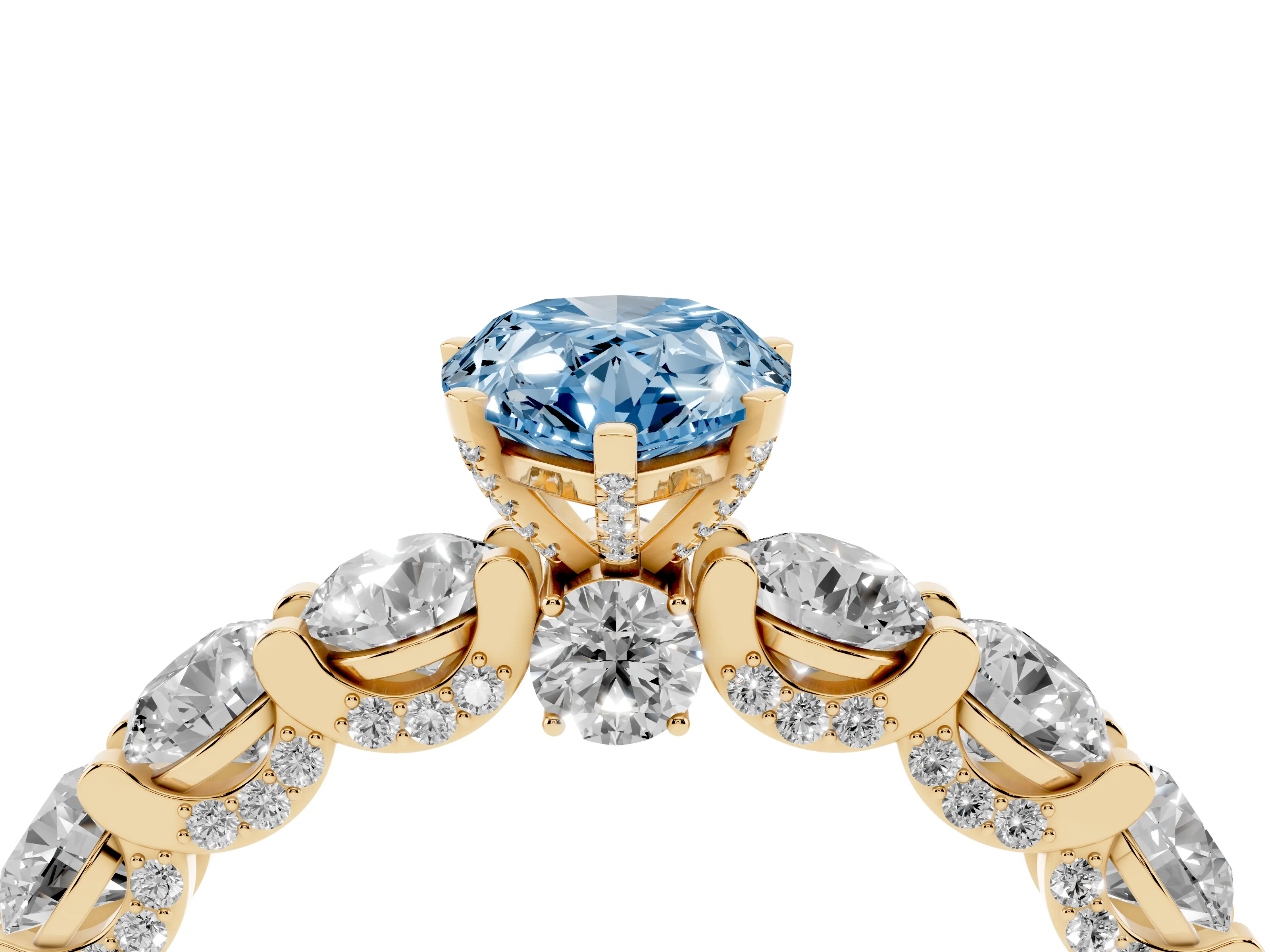 Fancy Blue Pear Cut Diamond Side Stone Ring Set in Yellow gold with Alternating Round and Oval Side Stones