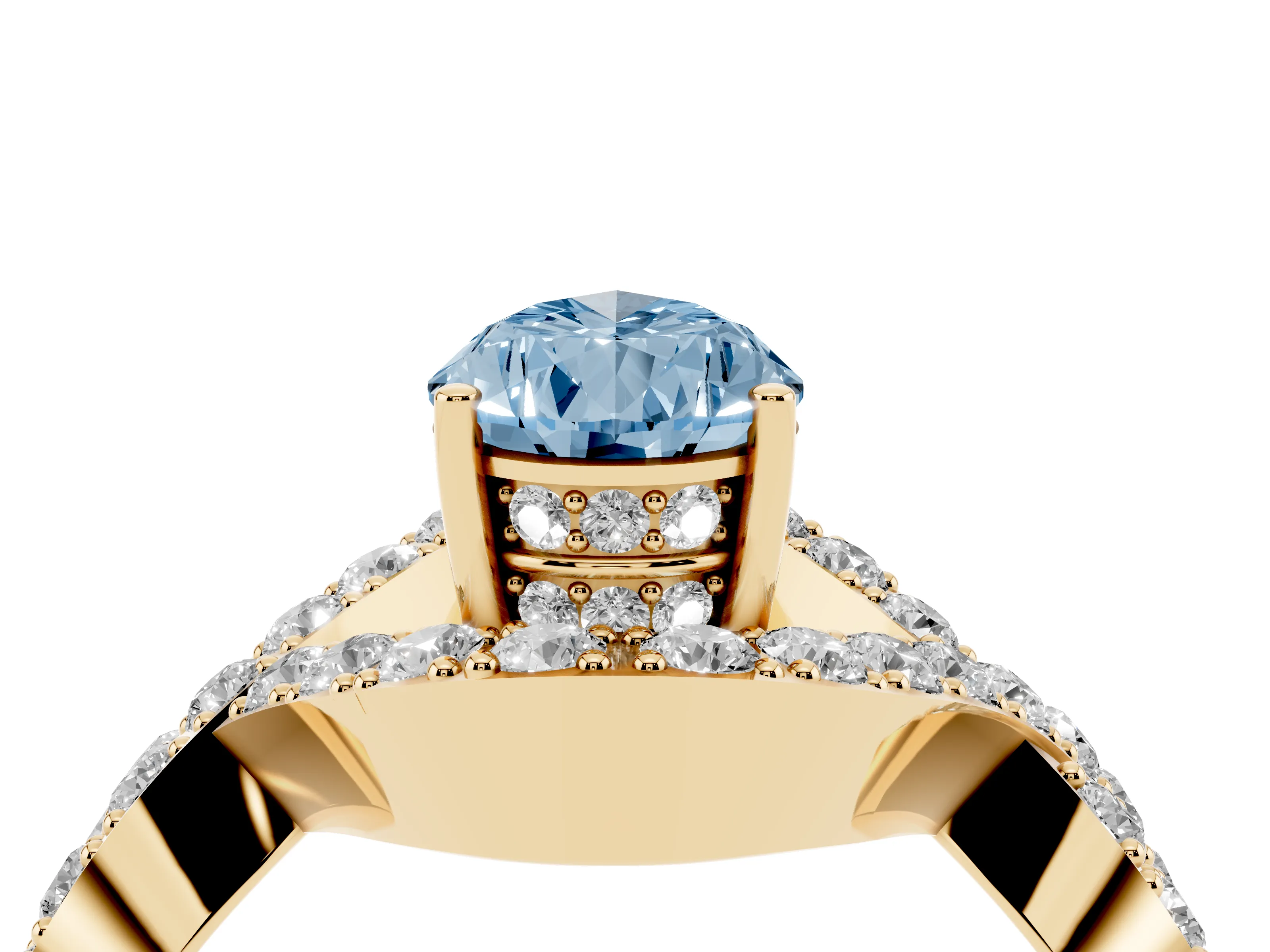 Fancy Blue Pear Cut Diamond Solitaire Twist Band Pavé Engagement Ring Set in Yellow gold