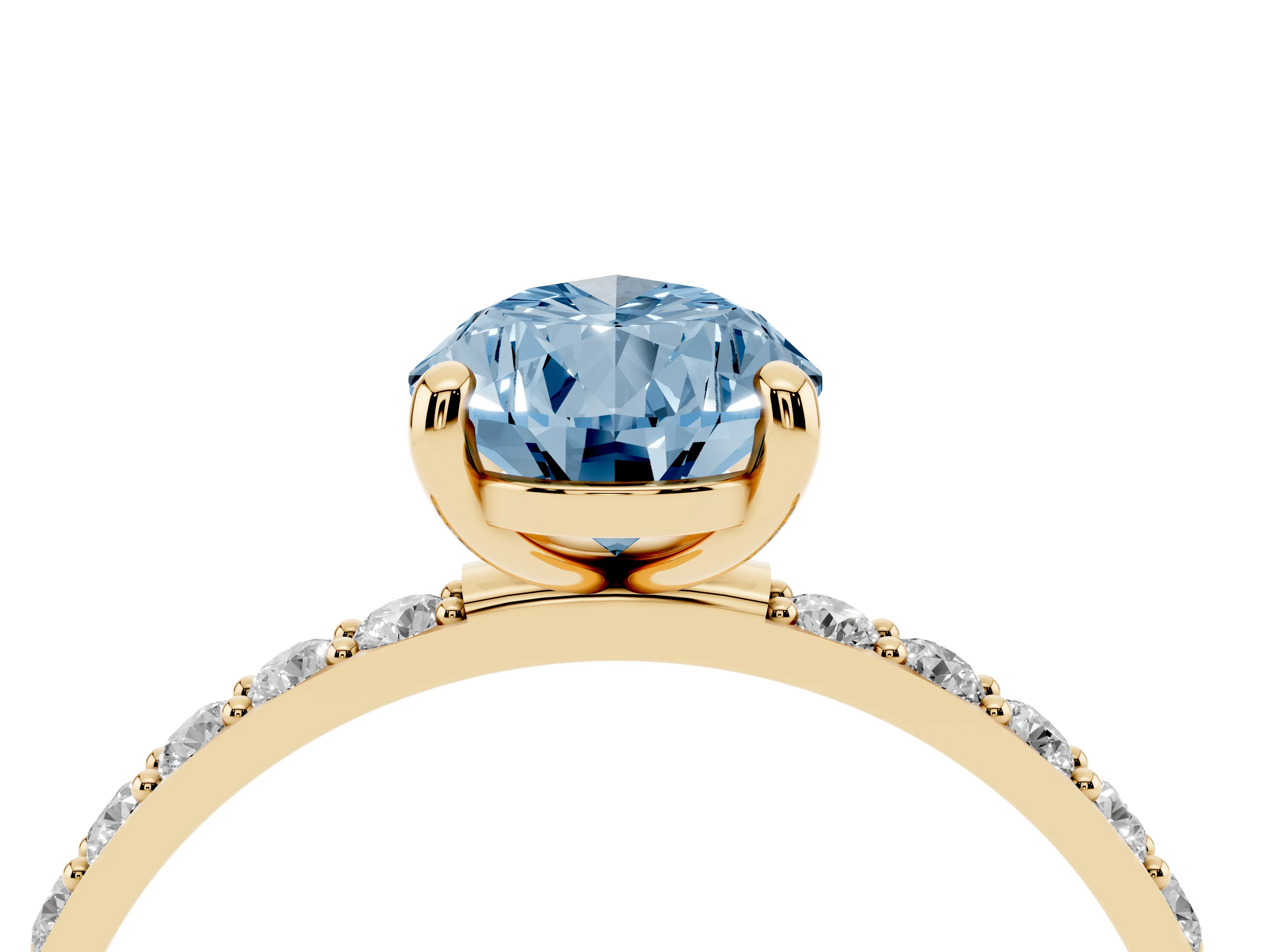 Fancy Blue Pear Cut Diamond Solitaire Ring Set in Yellow gold with Round Pavé Band and Prong Setting