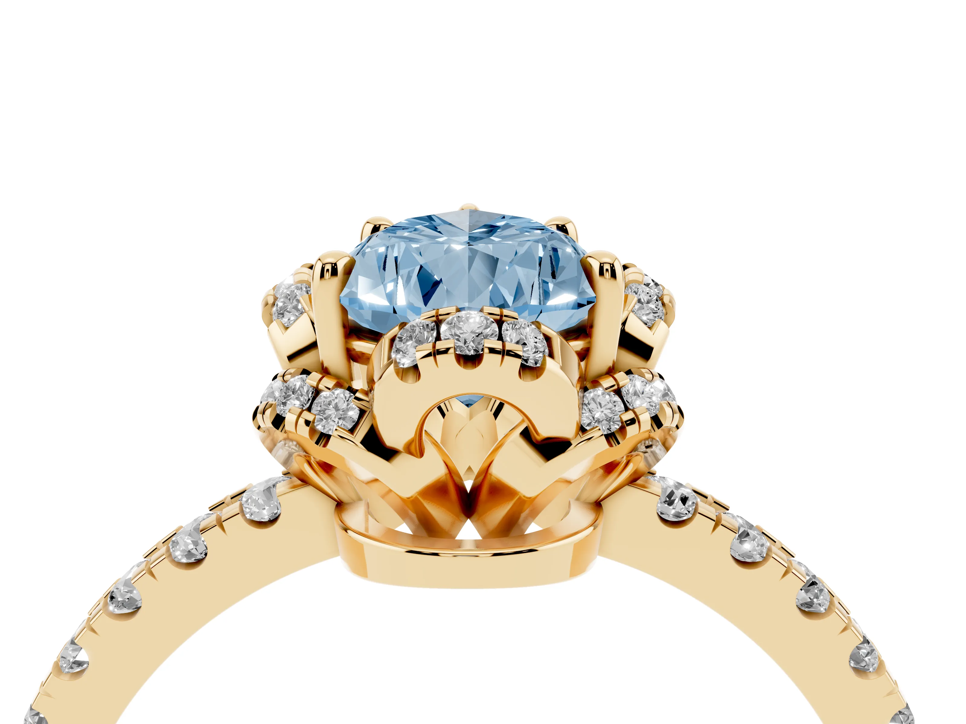 Fancy Blue Pear Cut Diamond Halo Pavé Band Ring Set in Yellow gold with Prong-Held Center