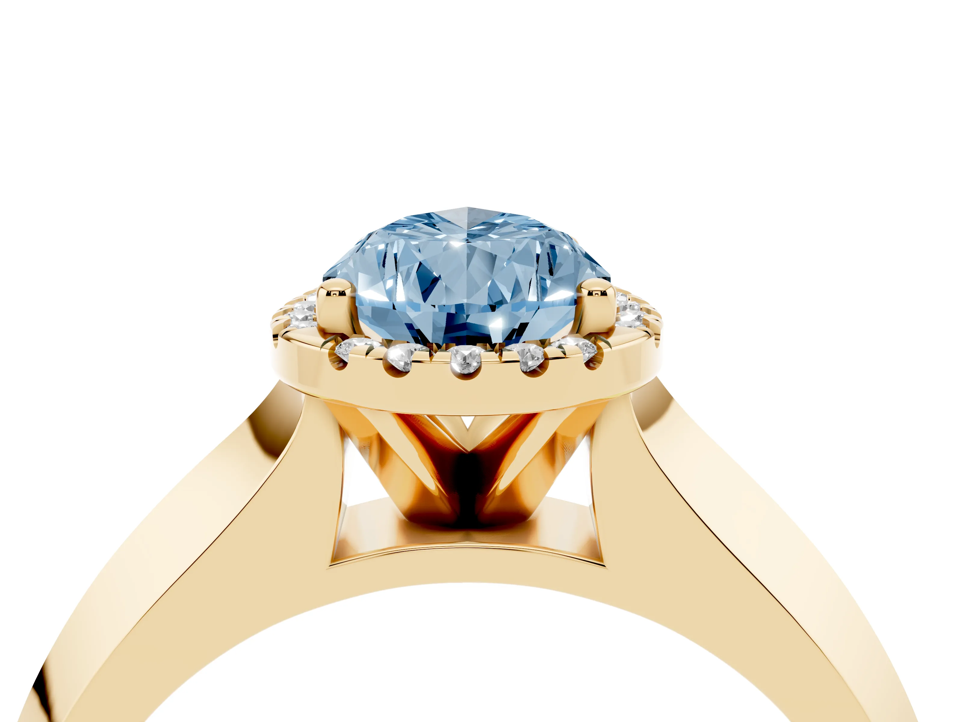Fancy Blue Pear Cut Diamond Halo Ring Set in Yellow gold with Cathedral Band and Prong Setting
