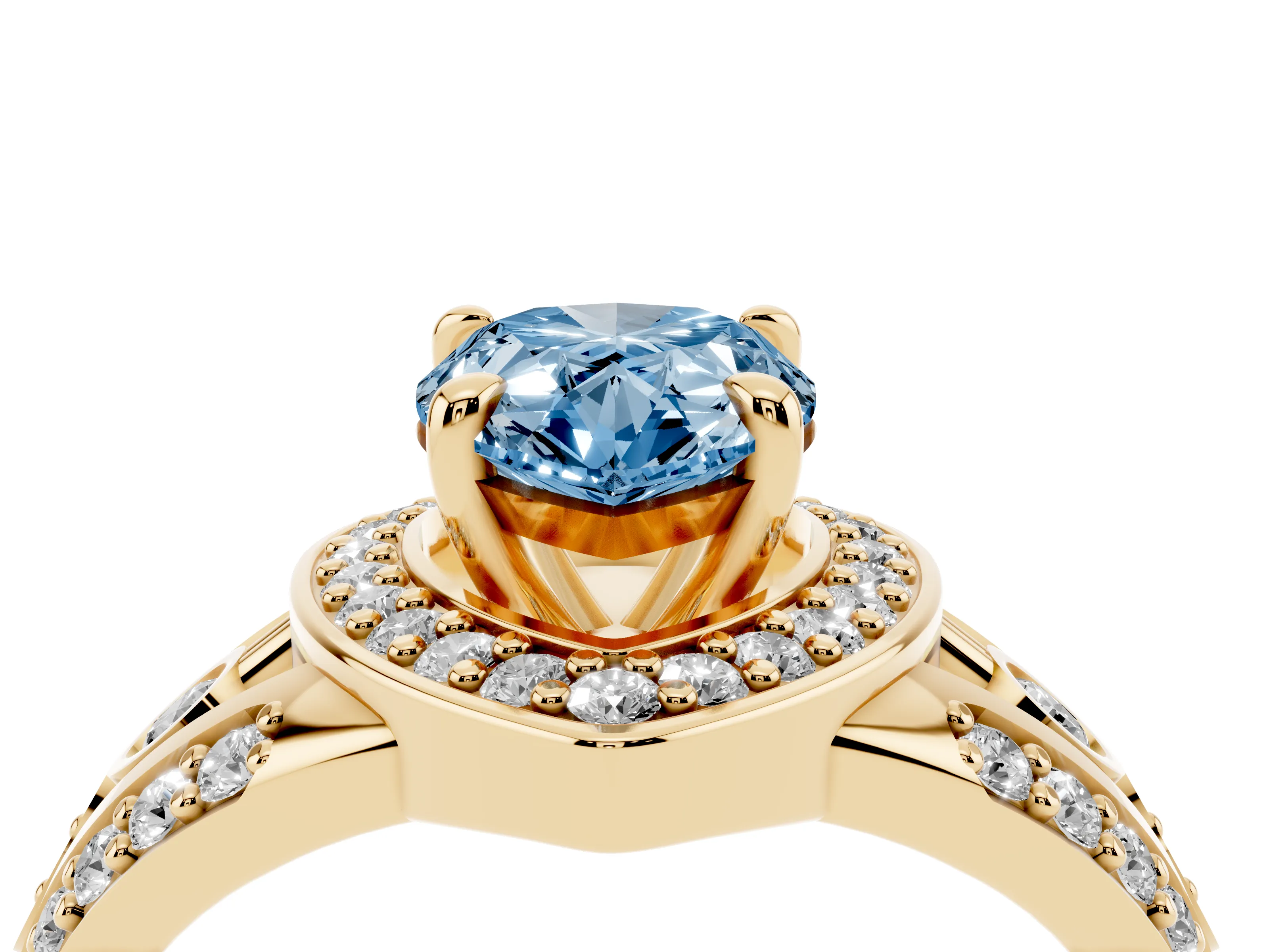 Fancy Blue Pear Cut Diamond Halo Ring Set in Yellow gold with Pavé Split Shank and Bezel Accents