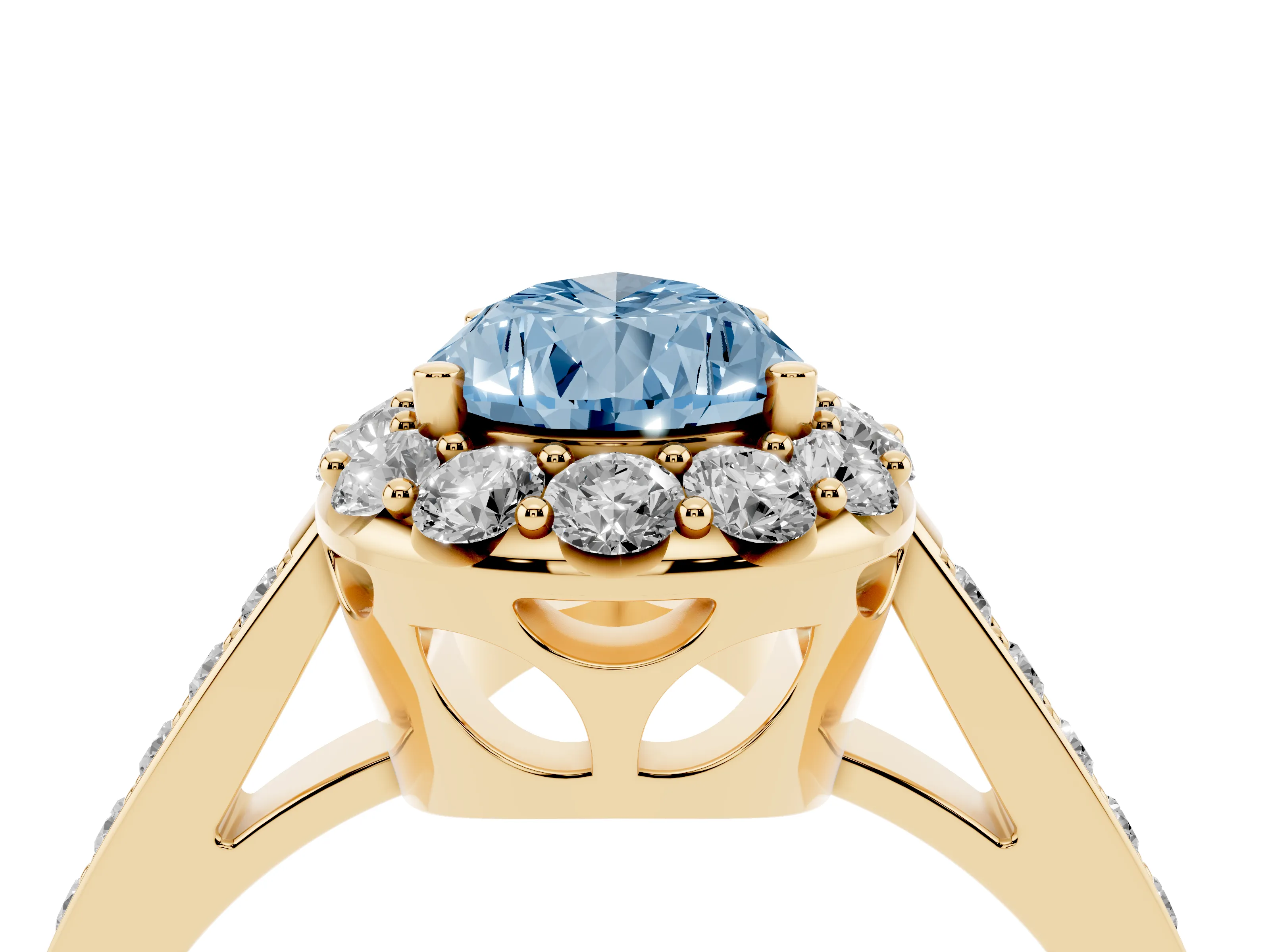 Fancy Blue Pear Cut Diamond Floral Halo Ring Set in Yellow gold with Pavé Band and Prong Setting
