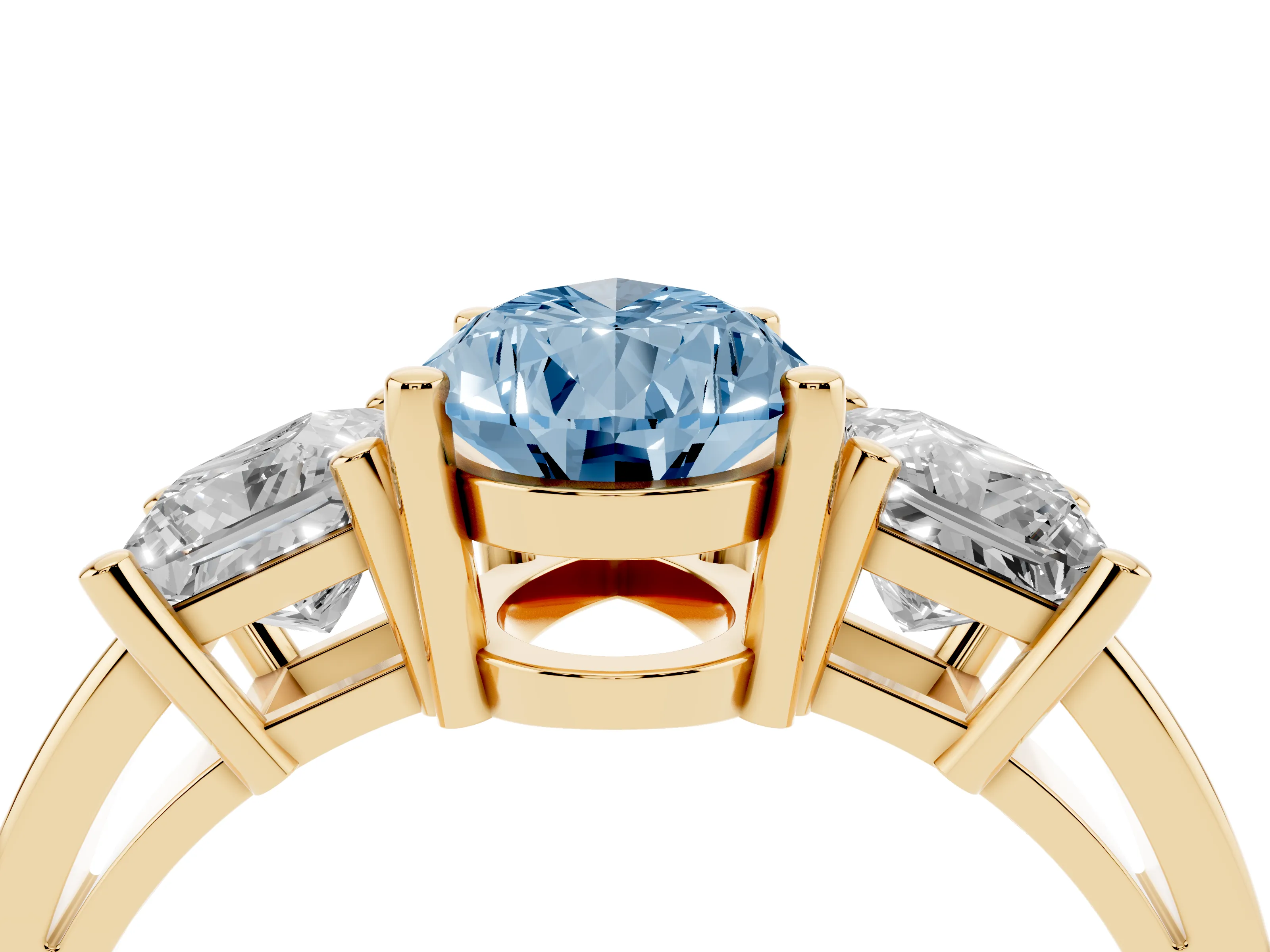 Fancy Blue Three-Stone Pear Cut Diamond Solitaire Ring Set in Yellow gold with Prong Setting