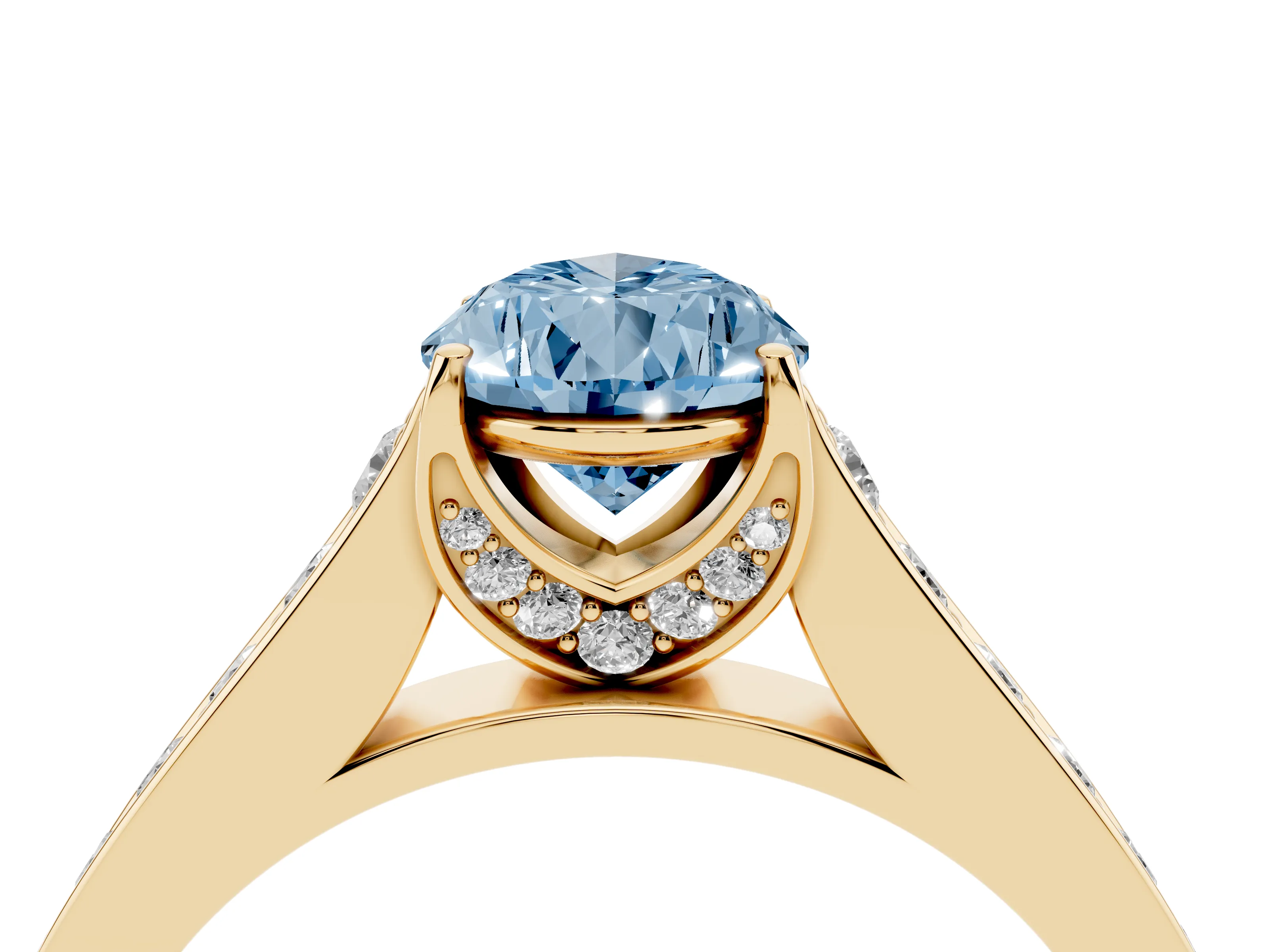 Fancy Blue Pear Cut Diamond Solitaire Pavé Engagement Ring Set in Yellow gold with Prong Setting
