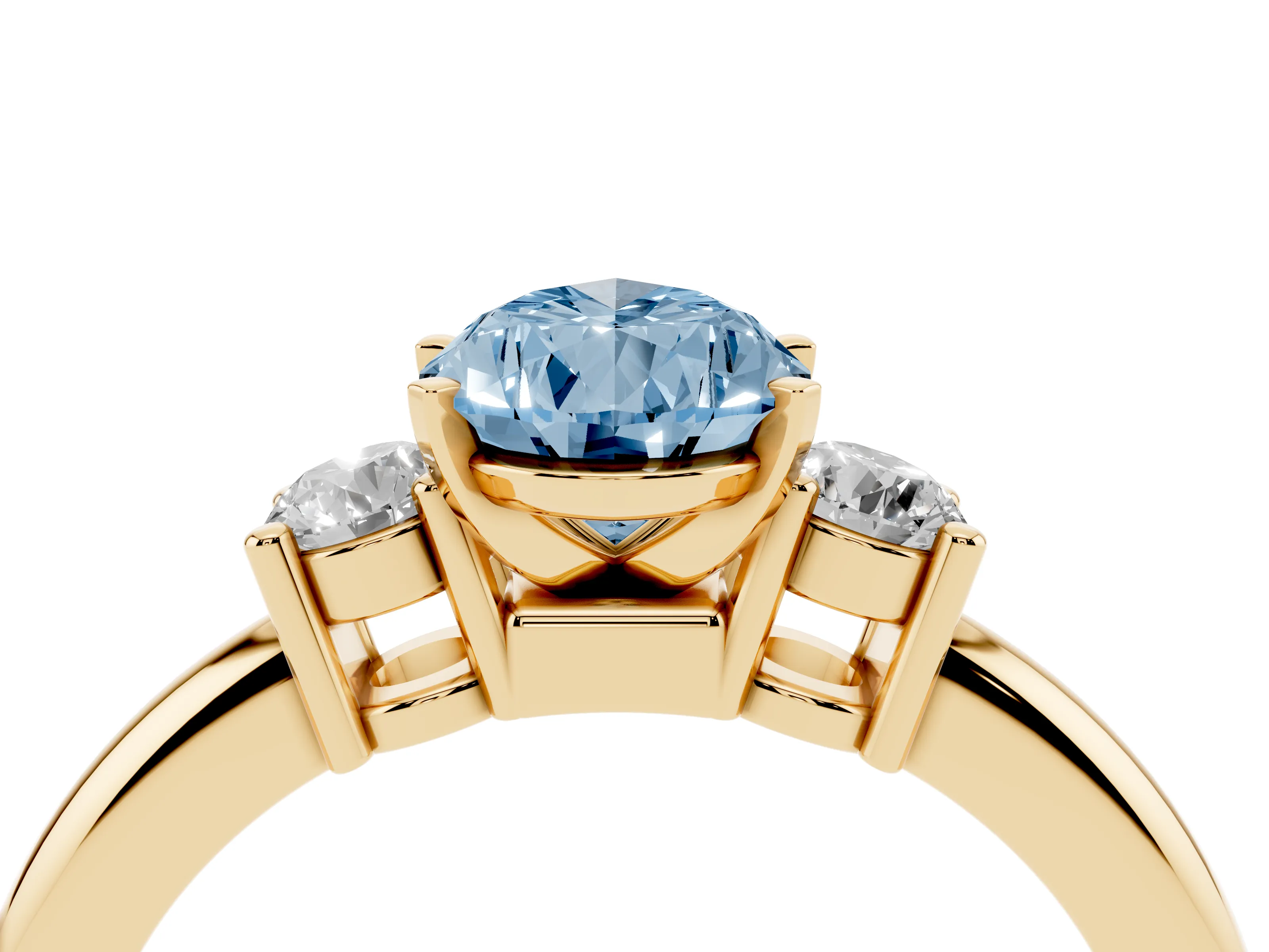 Fancy Blue Three-Stone Pear Cut Diamond Ring Set in Yellow gold with Prong Setting and Plain Band