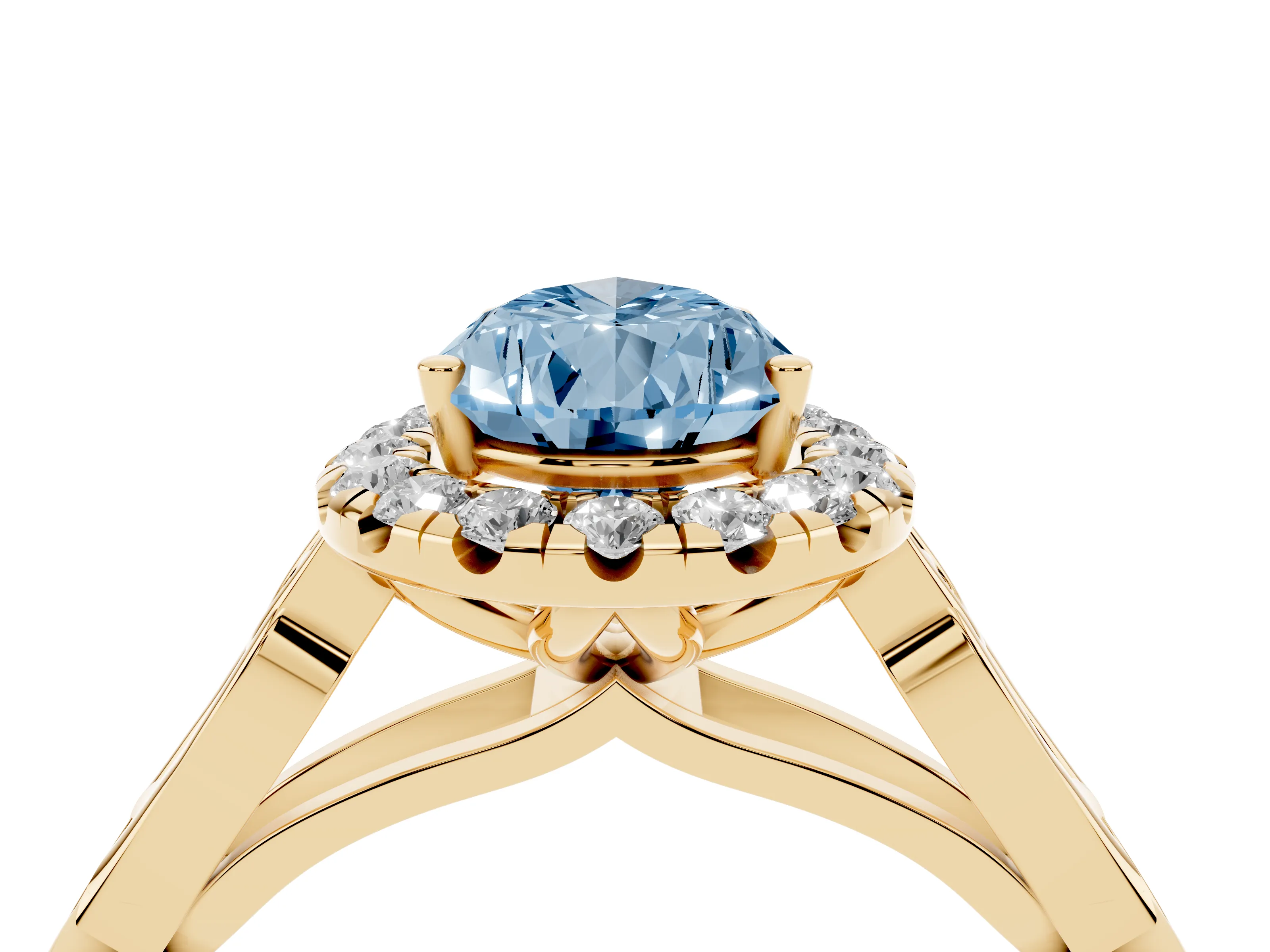 Fancy Blue Pear Cut Diamond Halo Engagement Ring Set in Yellow gold with Filigree Band and Prong-Set Center