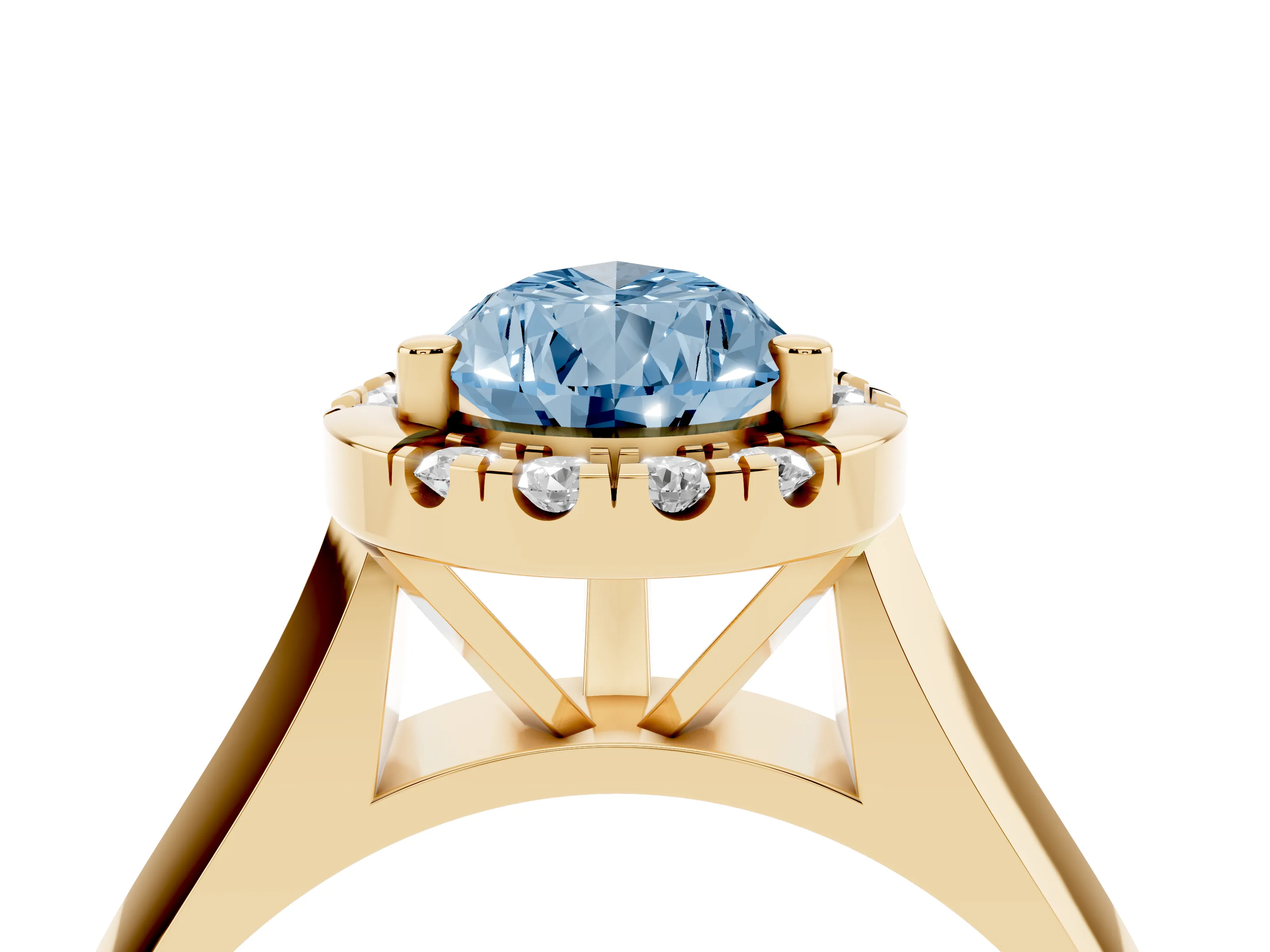 Fancy Blue Pear Cut Diamond Halo Solitaire Engagement Ring Set in Yellow gold with Square Band and Prong Setting