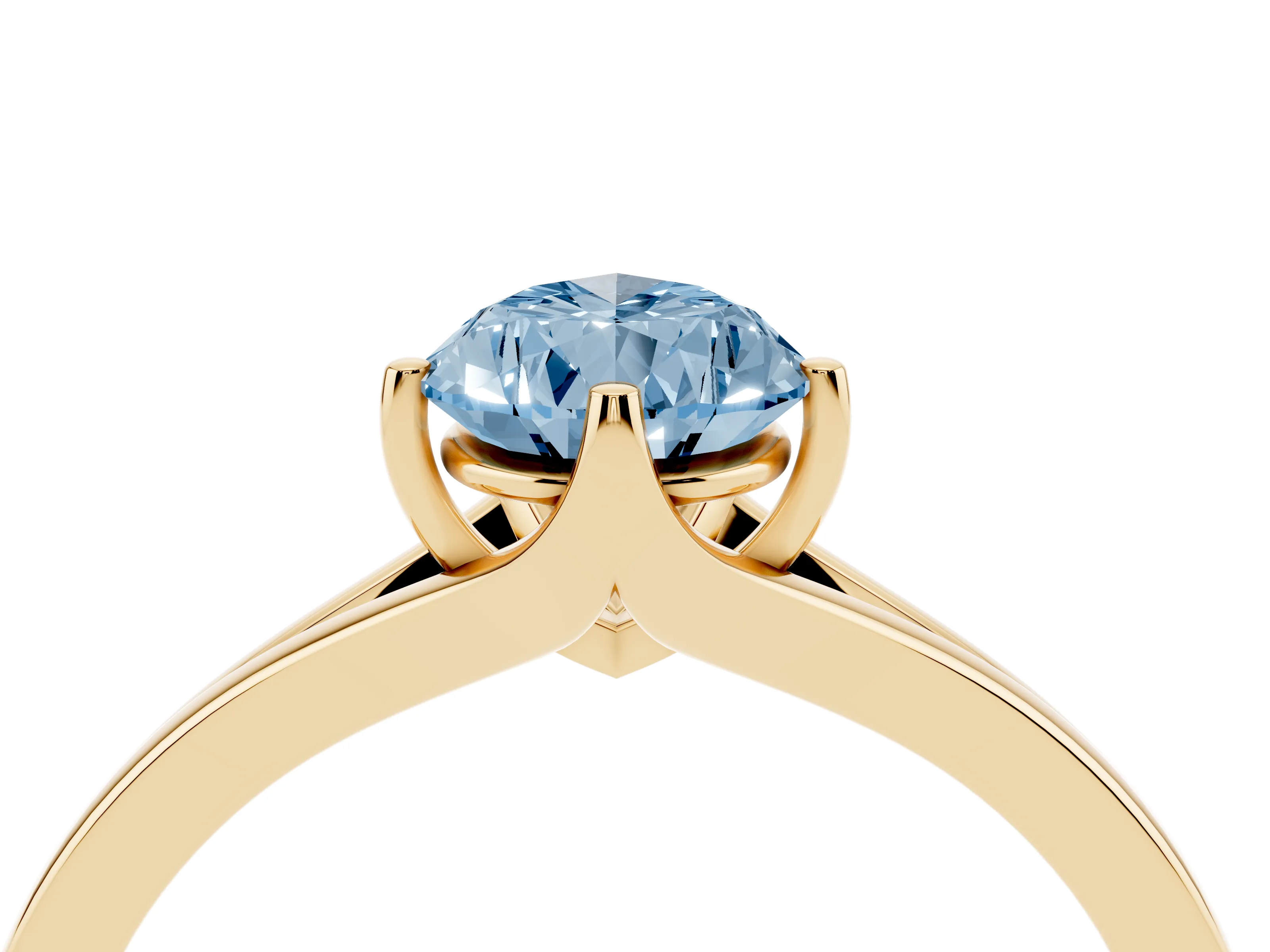 Fancy Blue Pear Cut Diamond Solitaire Ring Set in Yellow gold with Polished Tapered Band and Prong Setting