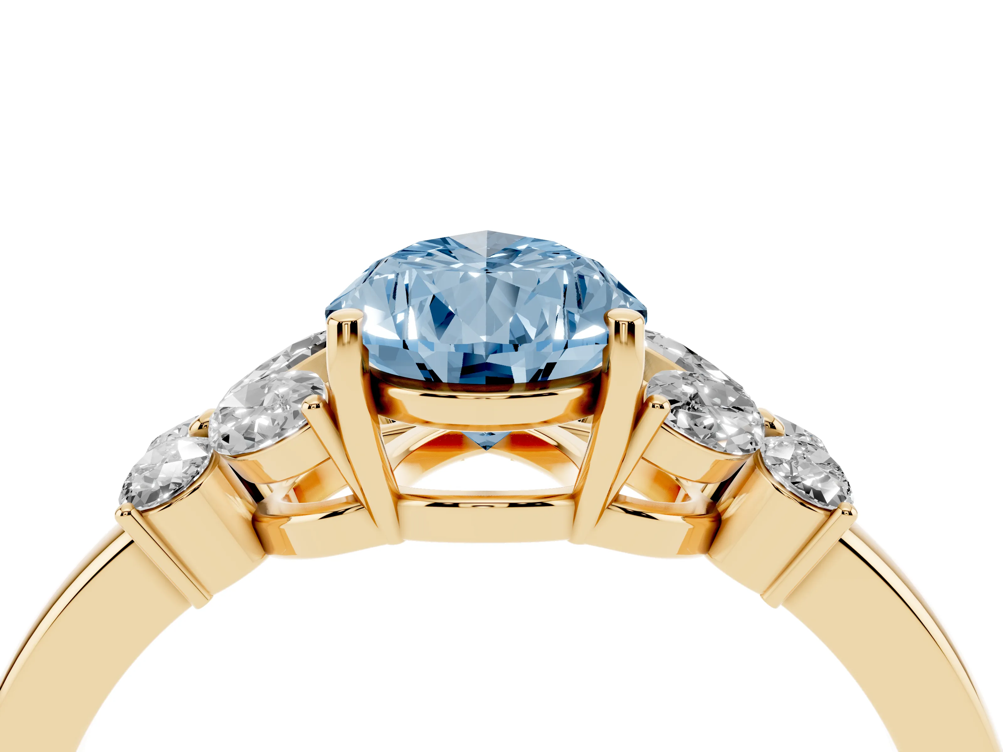 Fancy Blue Pear Cut Diamond Solitaire Floral Ring Set in Yellow gold with Marquise Petals and Prong Setting