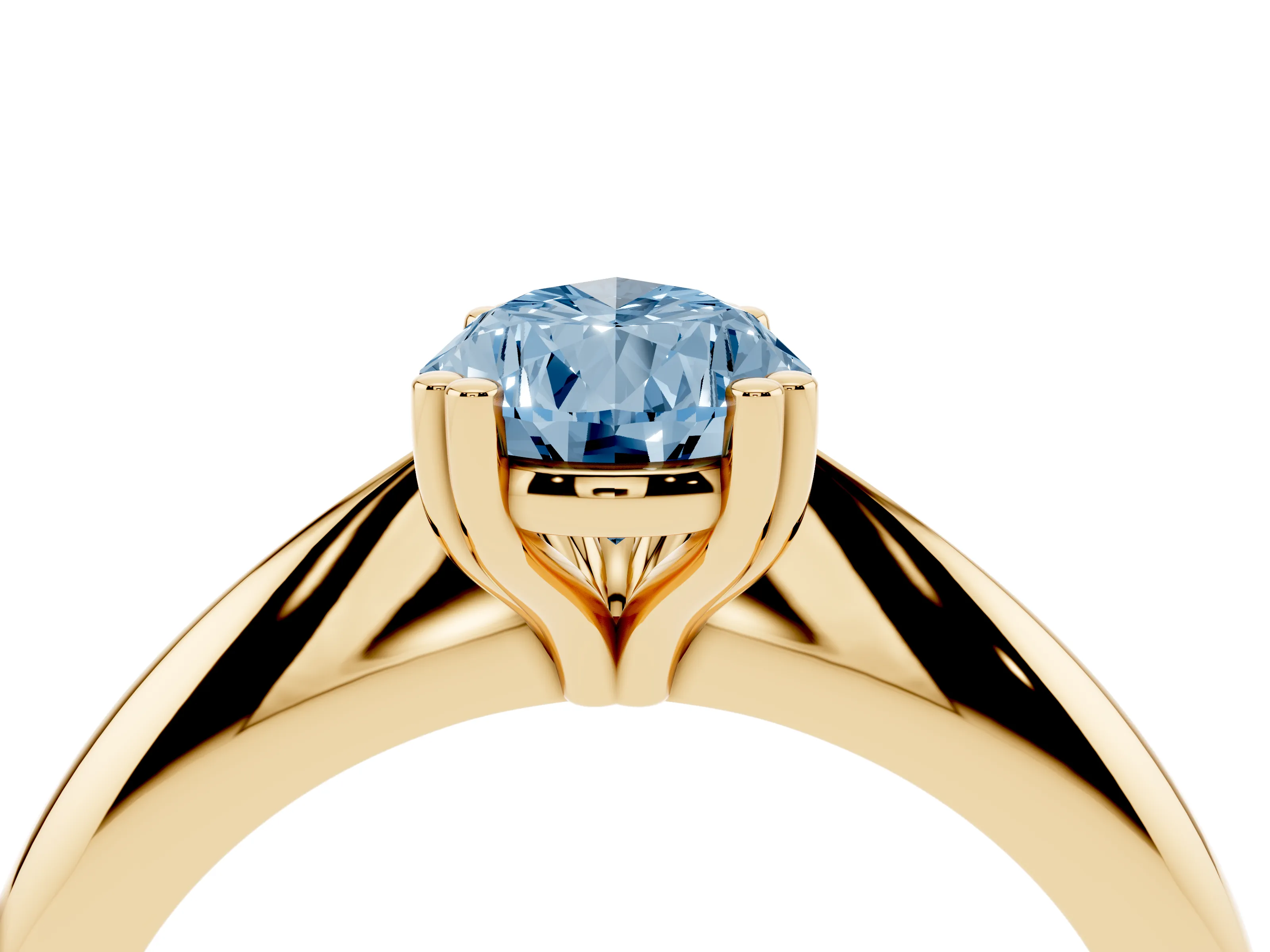 Fancy Blue Pear Cut Diamond Solitaire Engagement Ring Set in Yellow gold with Tapered Band and Prong Setting