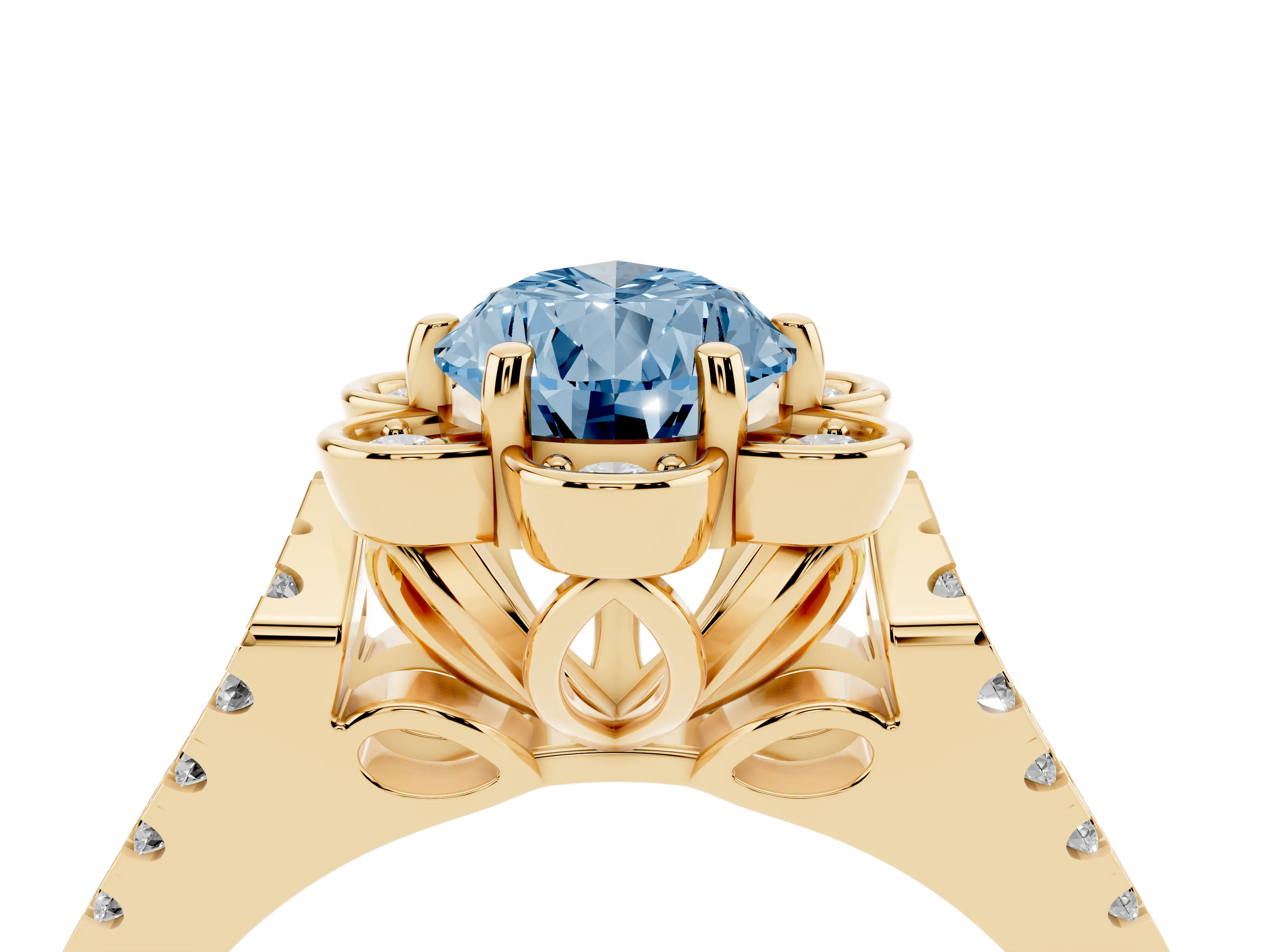 Fancy Blue Pear Cut Diamond Floral Halo Split Shank Engagement Ring Set in Yellow gold with Pavé Shank
