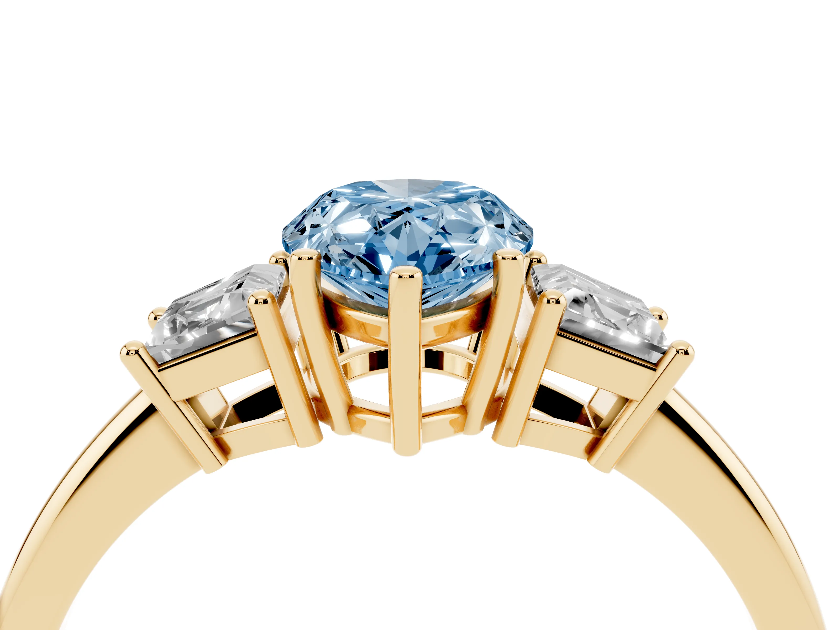 Fancy Blue Pear Cut Diamond Three-Stone Ring Set in Yellow gold with Trapezoid Side Stones and Prong Setting
