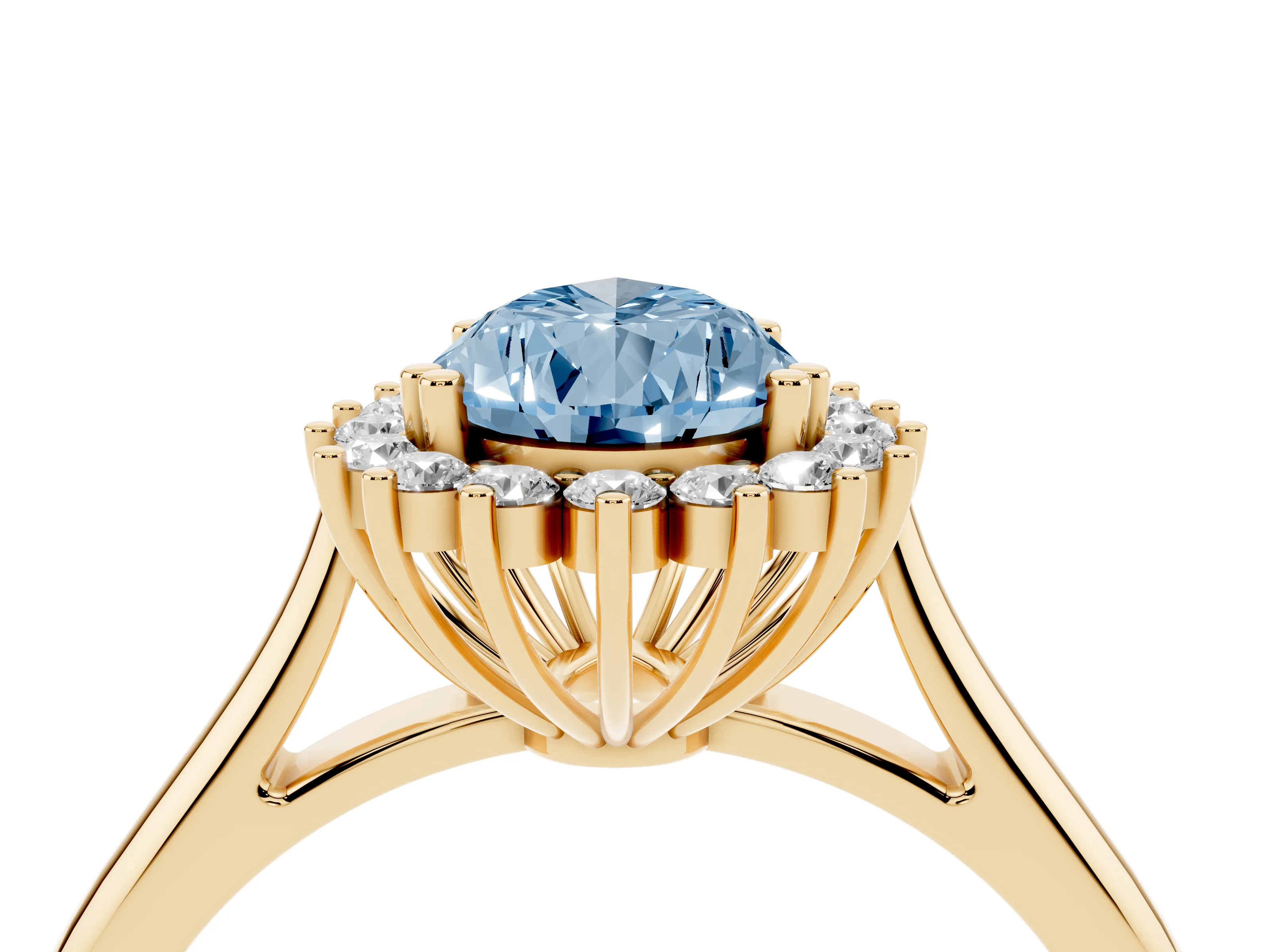 Fancy Blue Pear Cut Diamond Halo Ring Set in Yellow gold with Plain Solitaire Band and Prong Setting