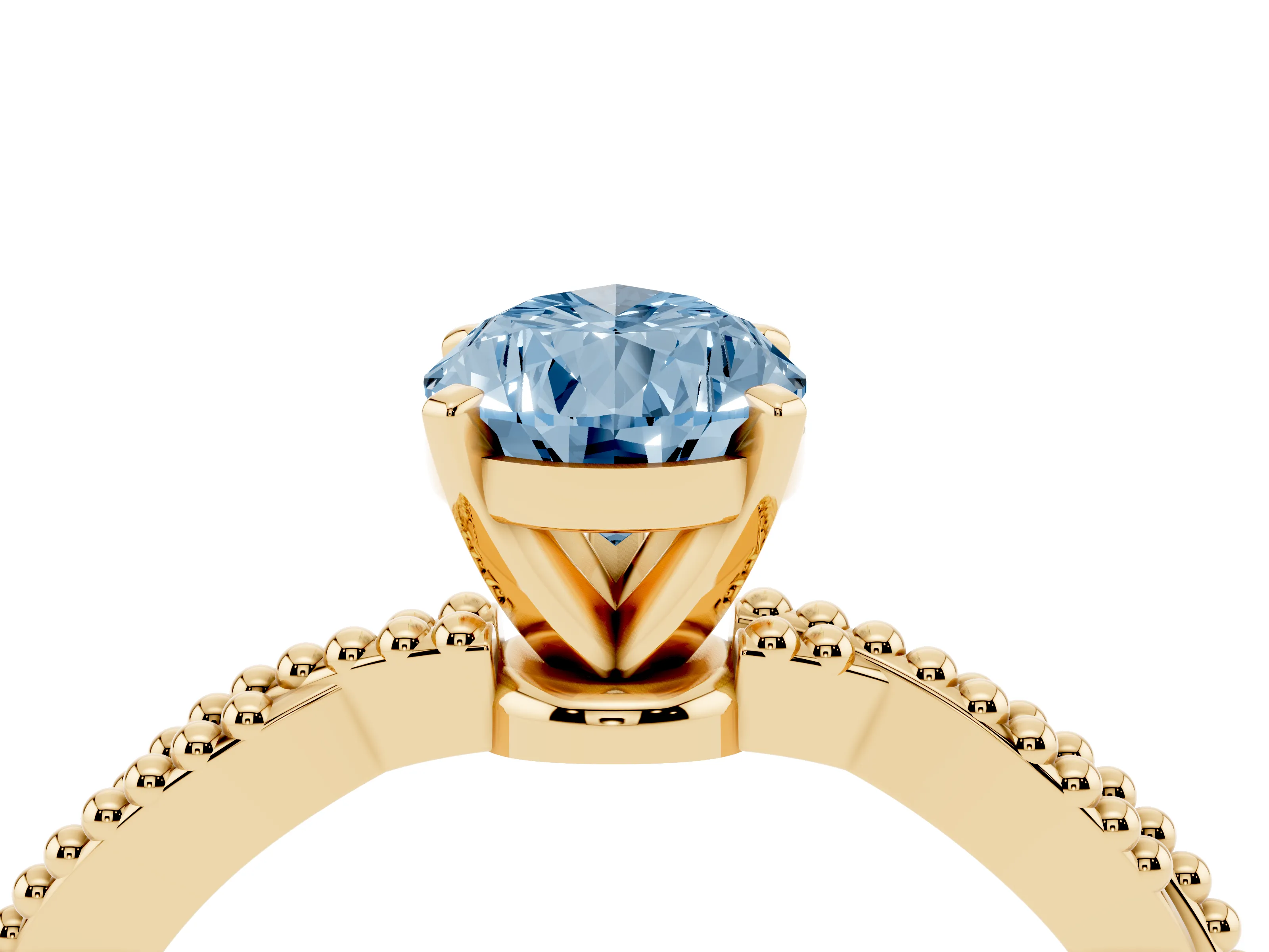 Fancy Blue Pear Cut Diamond Solitaire Ring Set in Yellow gold with Twisted Band and Bead Prong Setting