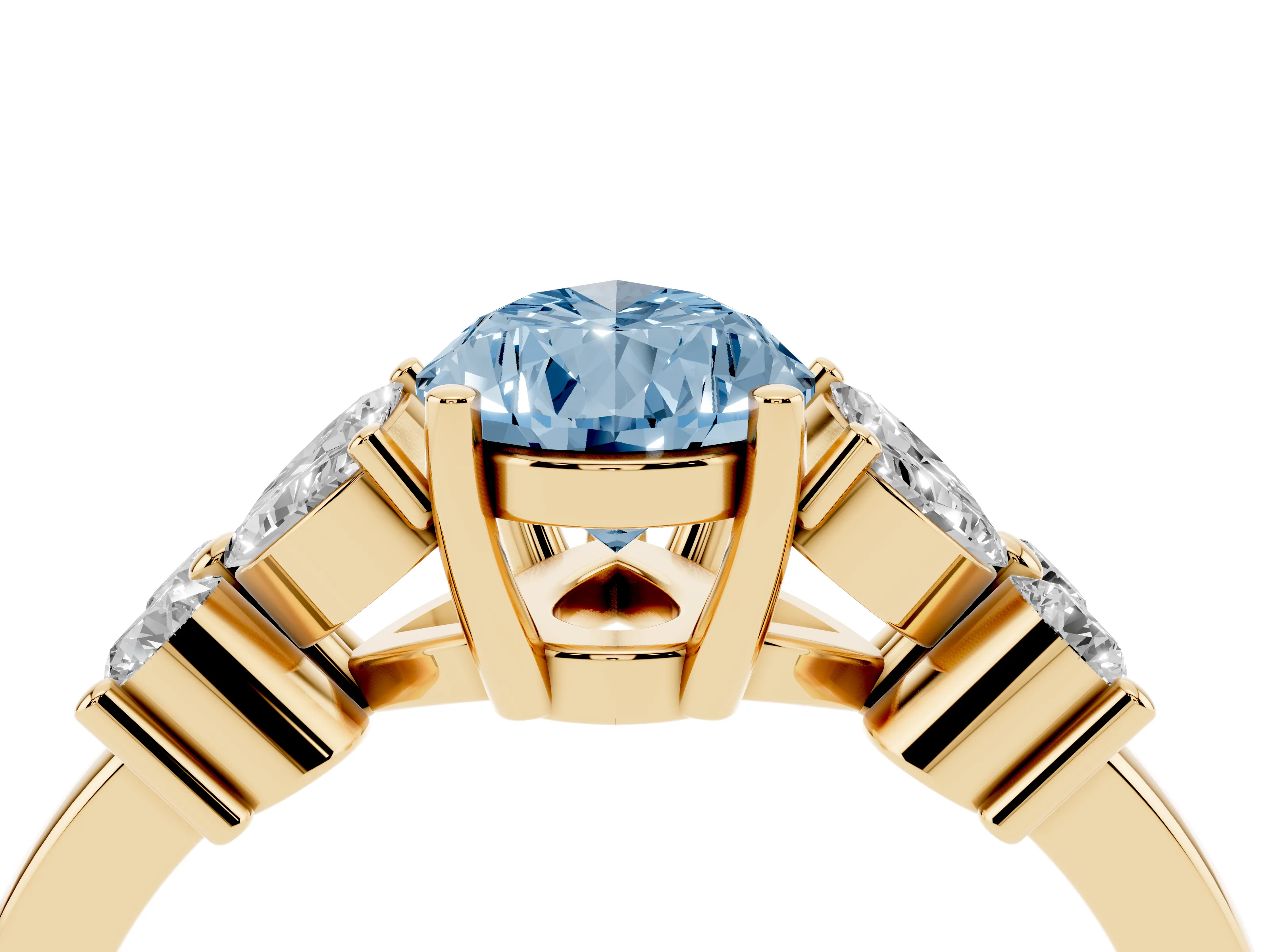 Fancy Blue Pear Cut Diamond Floral Cluster Ring Set in Yellow gold with Marquise Petals and Prong Setting