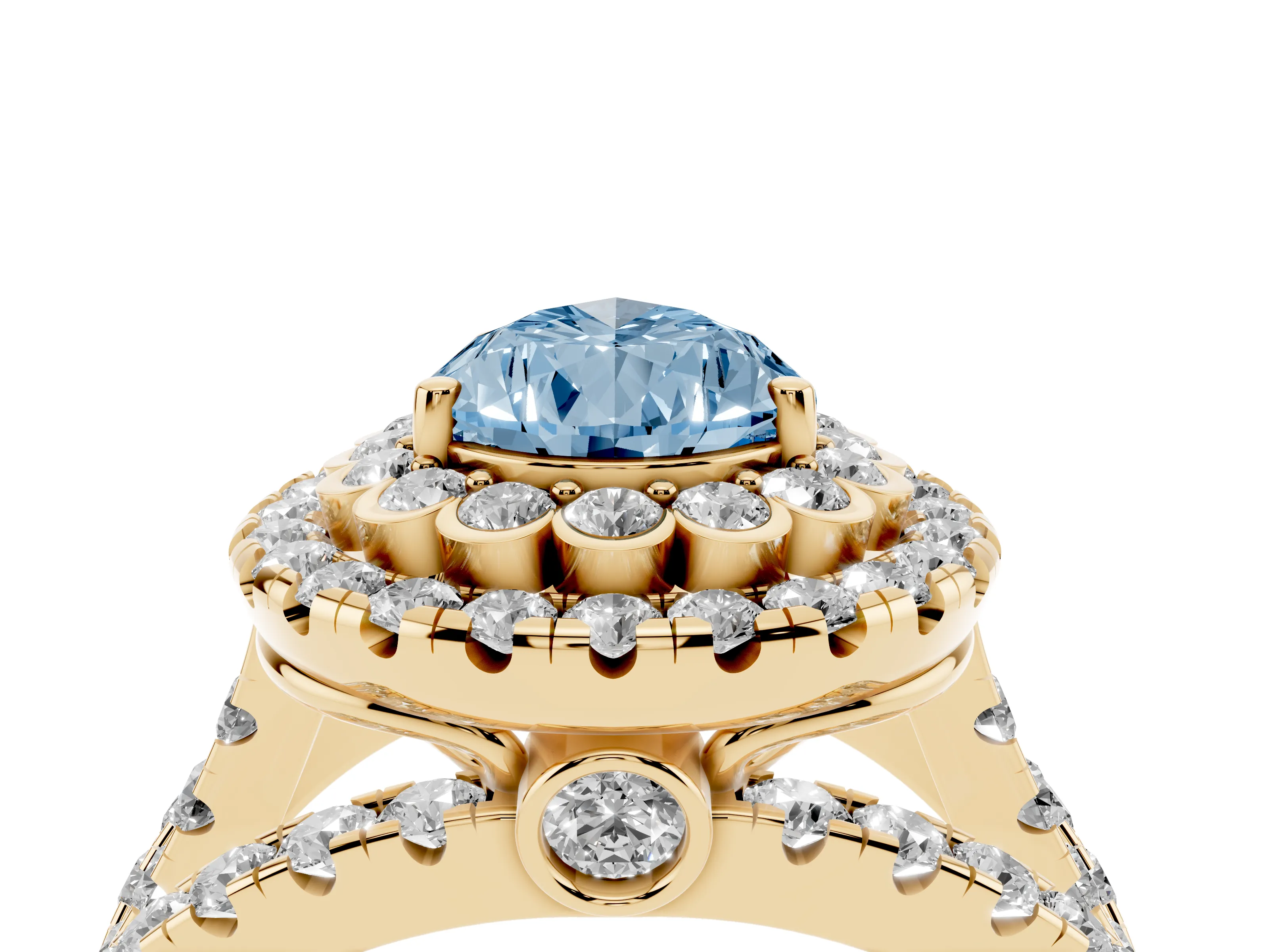 Fancy Blue Pear Cut Diamond Double Halo Ring Set in Yellow gold with Round Pavé Split Shank