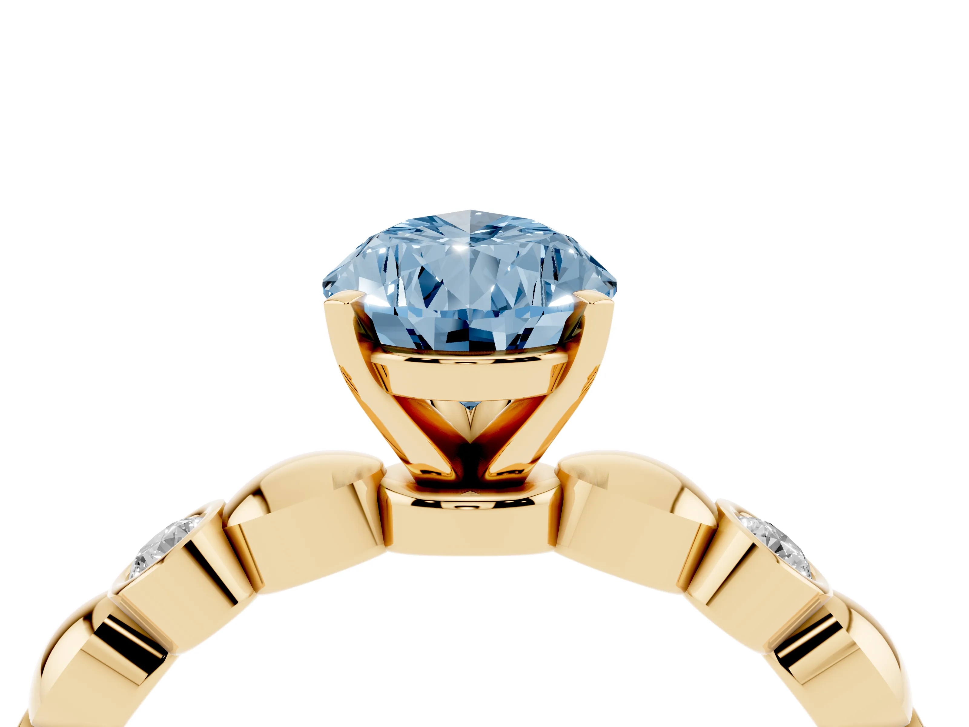 Fancy Blue Pear Cut Diamond Solitaire Ring Set in Yellow gold with Bezel-Set Accents on Beaded Band and Prong Setting