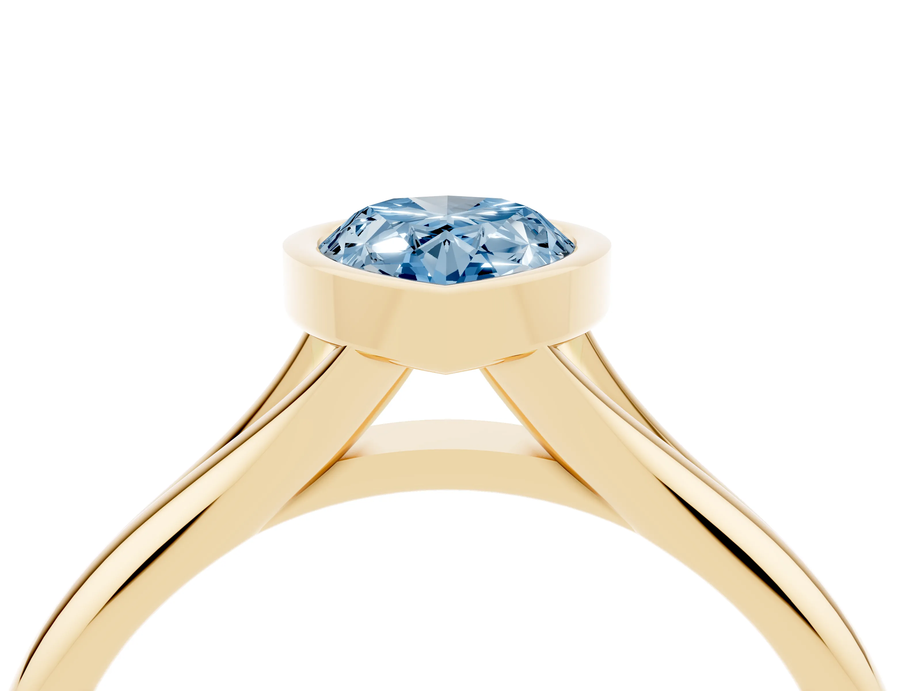 Fancy Blue Bezel Set Pear Cut Diamond Solitaire Ring Set in Yellow gold with Smooth Band