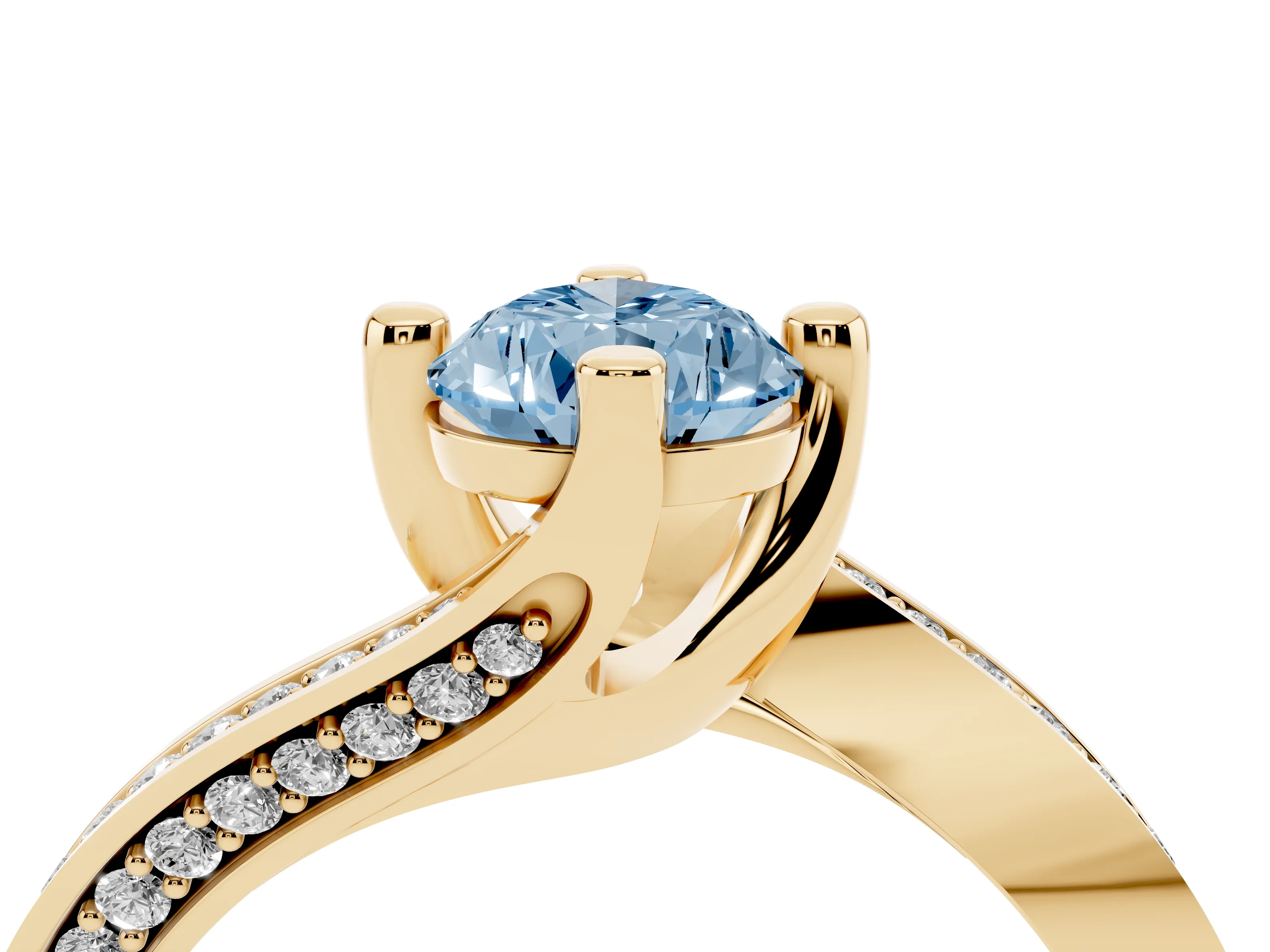 Fancy Blue Pear Cut Diamond Solitaire Ring Set in Yellow gold with Intertwined Pavé Twist Band