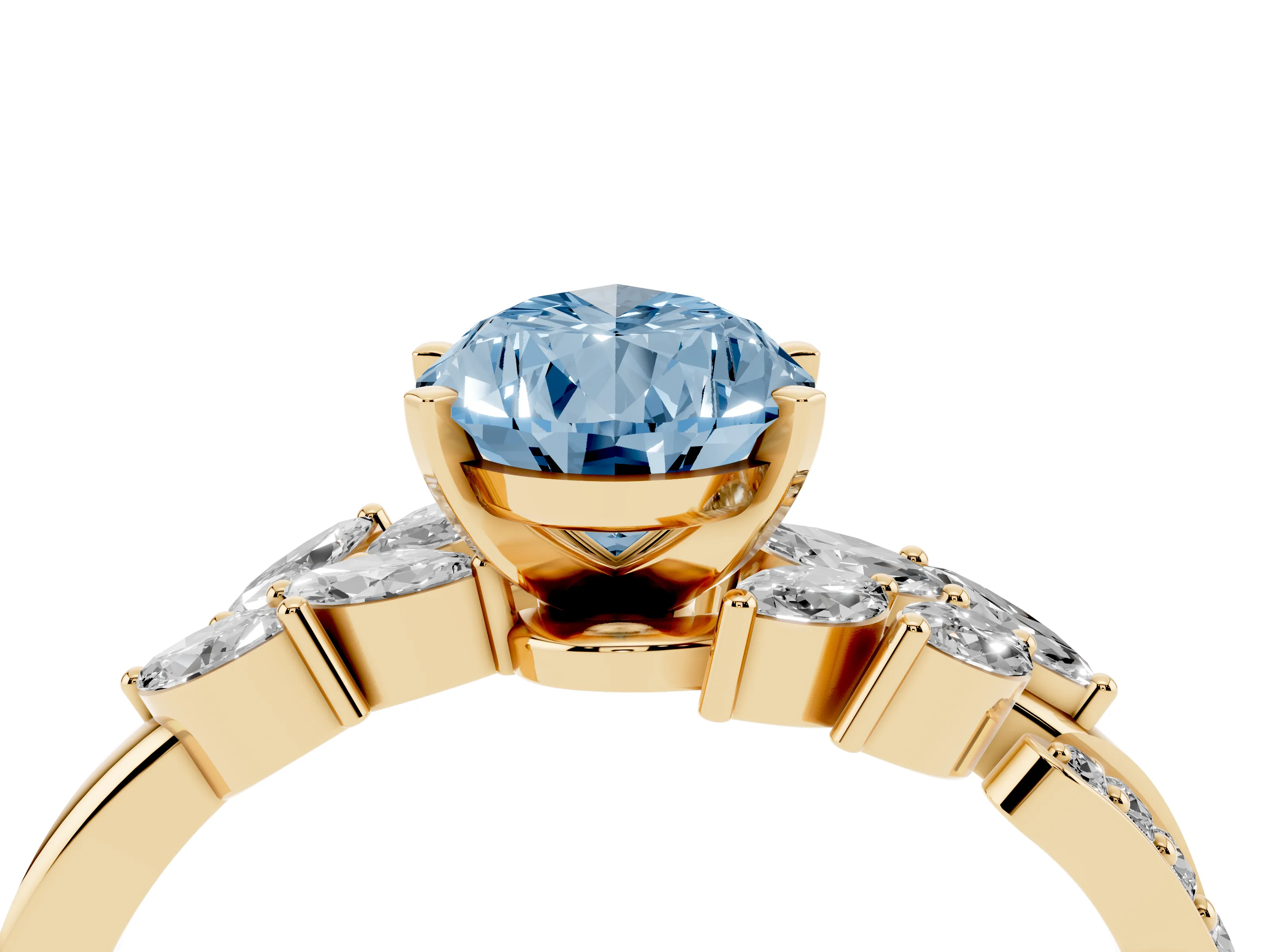 Fancy Blue Pear Cut Diamond Solitaire Ring Set in Yellow gold with Marquise Twist Band and Prong Setting