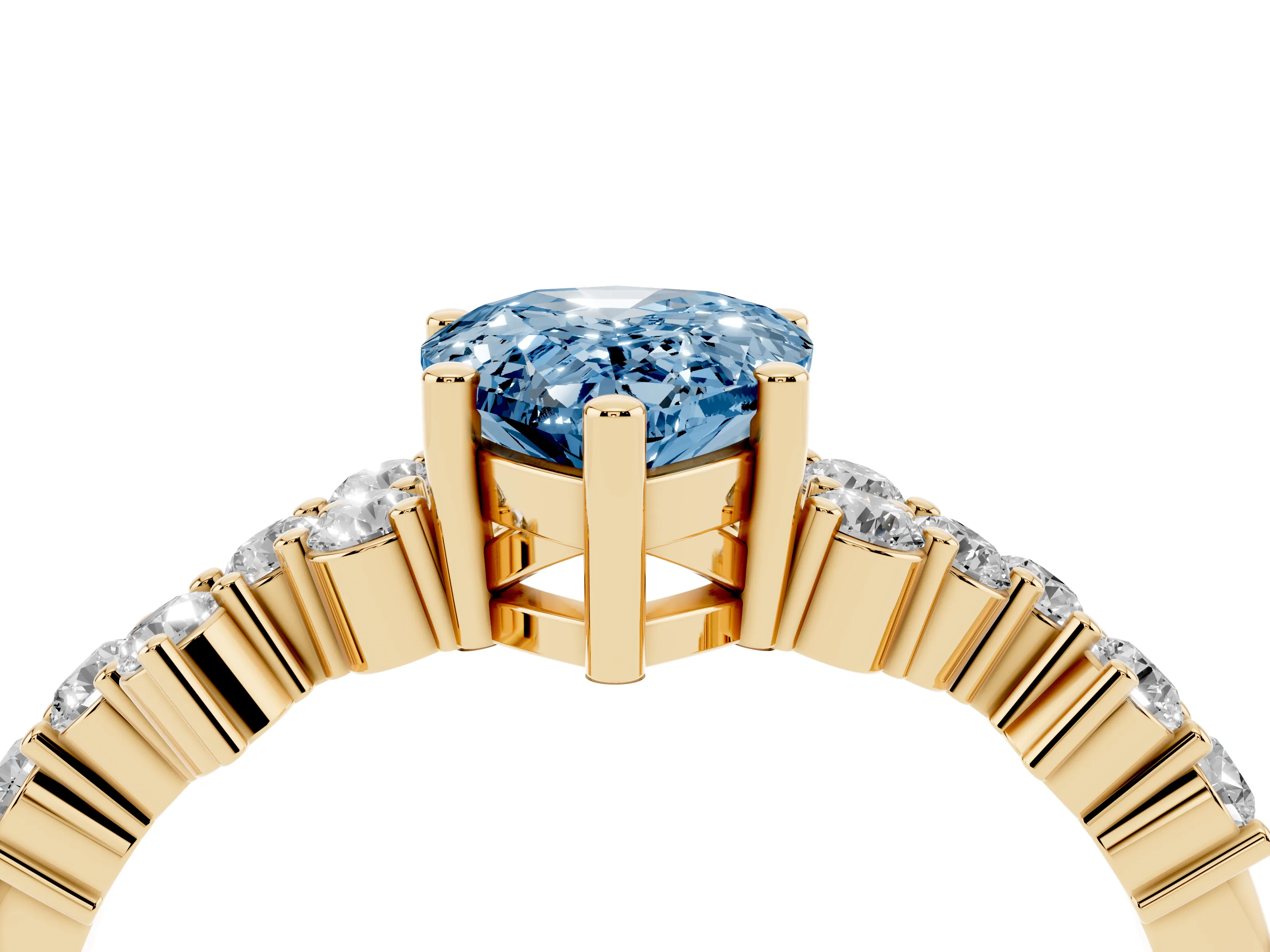 Fancy Blue Pear Cut Diamond Ring Set in Yellow gold with Scattered Round Accents