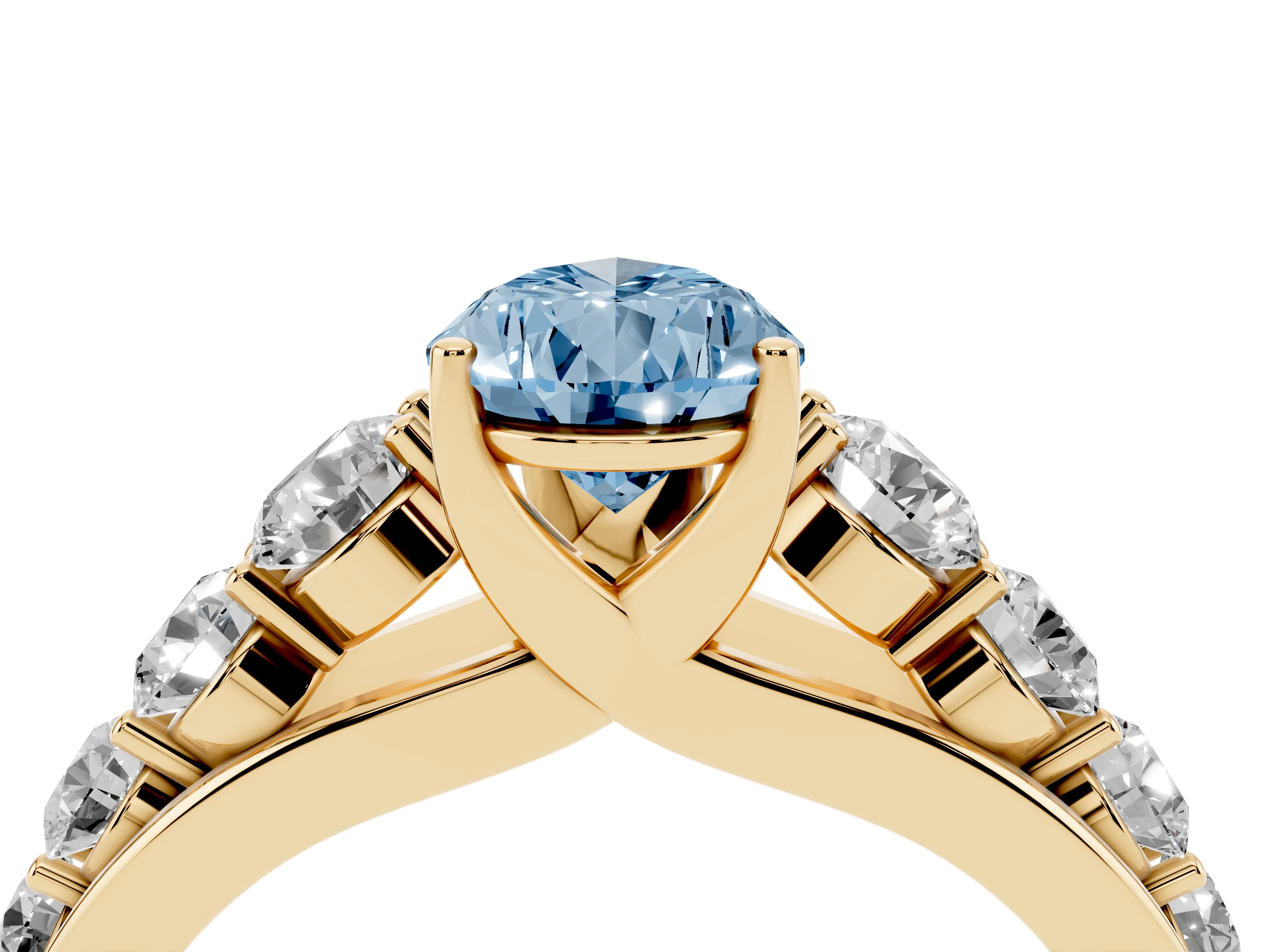 Fancy Blue Pear Cut Diamond Solitaire Ring Set in Yellow gold with Pavé-Set Band and Prong Setting
