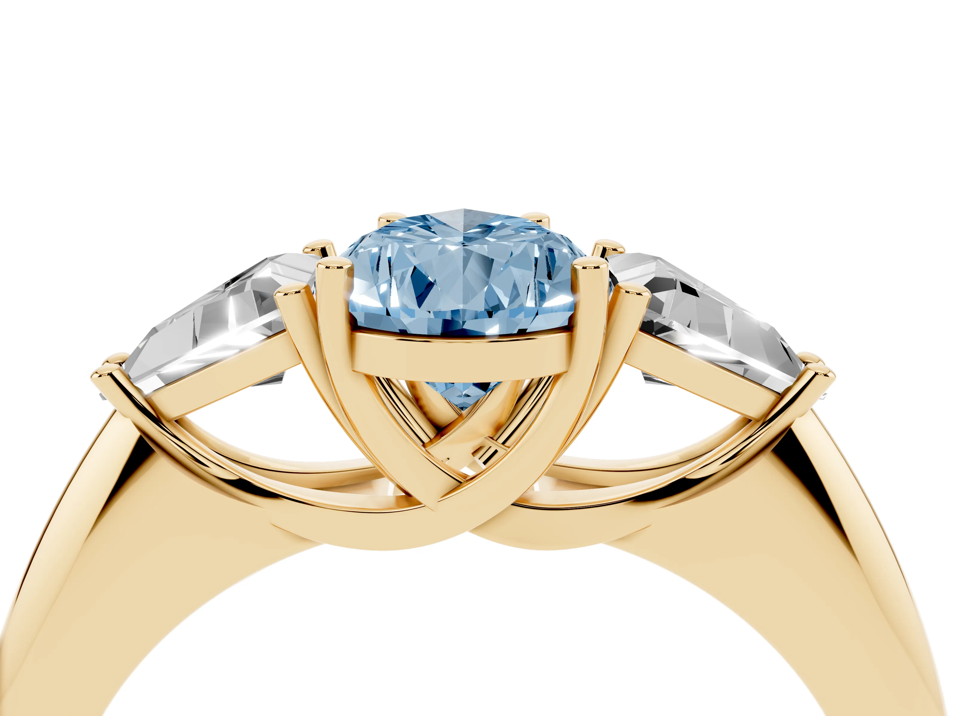 Fancy Blue Pear Cut Diamond Three-Stone Engagement Ring Set in Yellow gold with Trillion Side Stones